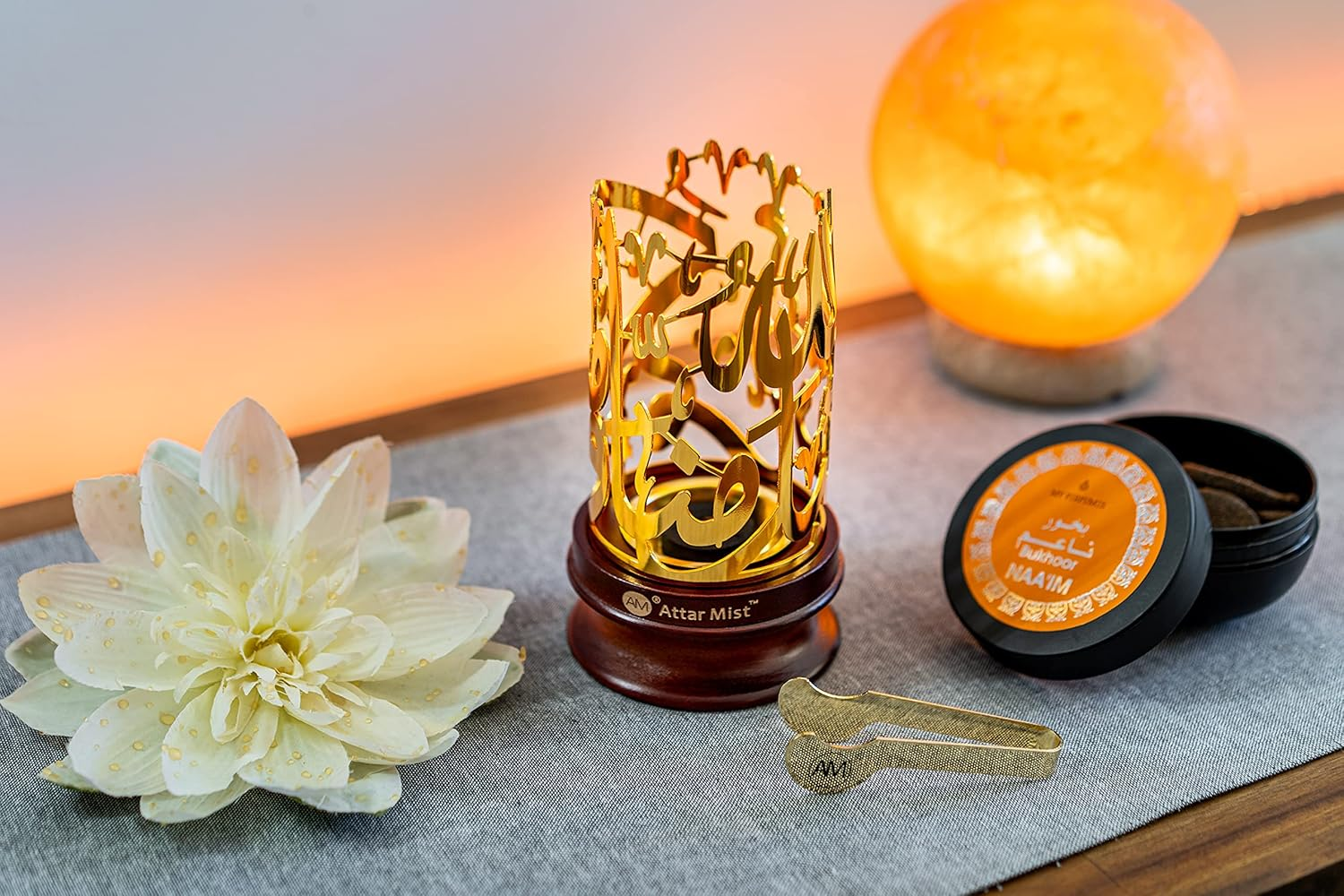 AM Bakhoor Calligraphy Incense Burner - Metalic Resin Cone Holder | Wooden Base | Frankincense Charcoal Burner (Mabkhara) | Spiritual Gifts for Office & Home Decor (Gold) - Silver image number 2