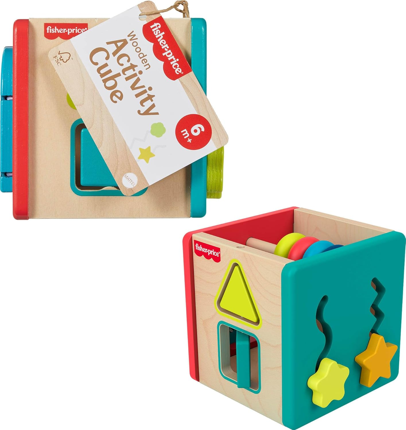 Fisher-Price Baby Toy, Wooden Activity Cube for Fine Motor Skill Developmental Play for Infants & Toddlers Ages 6+ Months image number 1