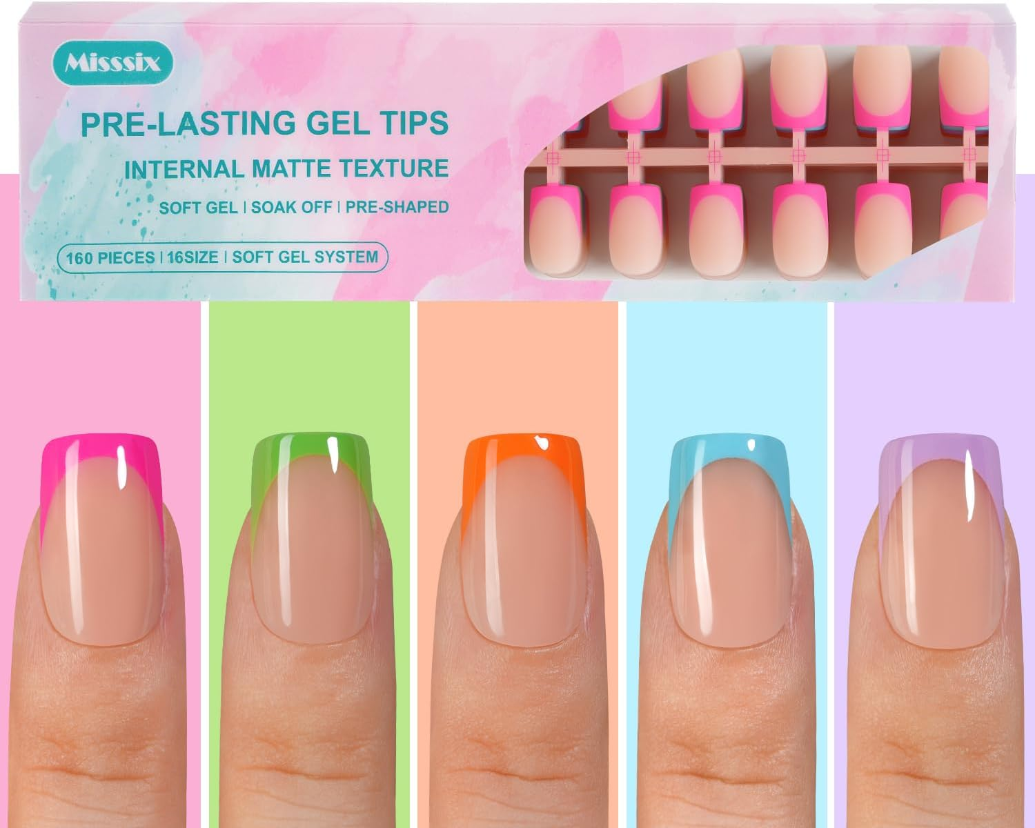 Misssix French Gel Nail Tips, 160Pcs French Tip Press on Nails Short Square, No Need to File Tips Pre-Lasting, Fake Nails for Nail Art DIY 16 Sizes image number 4