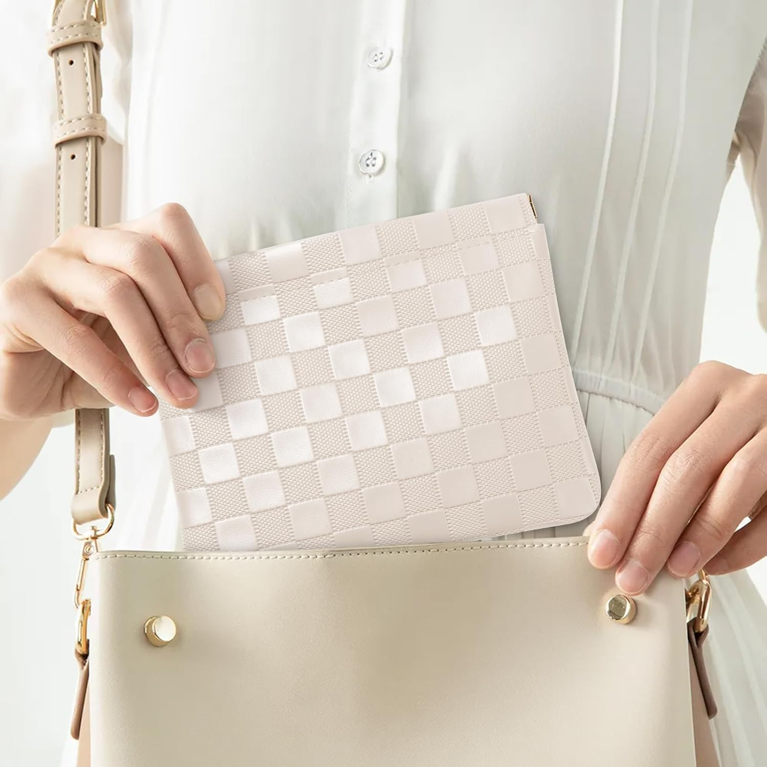 Sightor 2PCS Pocket Cosmetic Bag for Purse, Checkered Makeup Bag Portable Leather Cosmetic Bag for Women, Coin Purse Lipstick Cosmetic Accessories Organizer Travel Cosmetic Pouch, Black, Beige, L, - Black, White image number 3