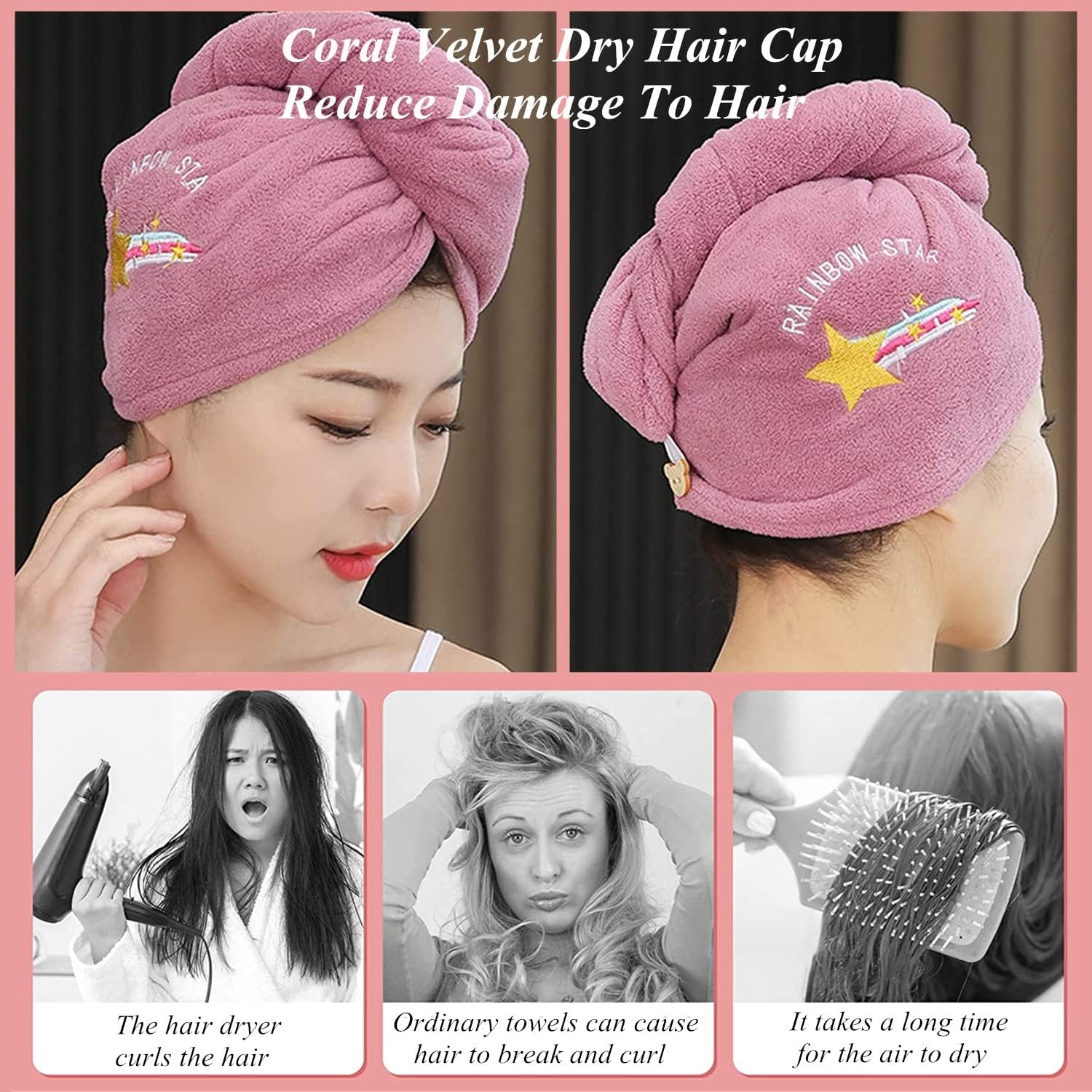 Kettion Pack of 3 Hair Turban with Buttons, Hair Towel, Turban Towel, Hair Quick-Dry Hair Towel, Super Absorbent Hair Drying Towel, Twisted Hair Towel Wrap, image number 3