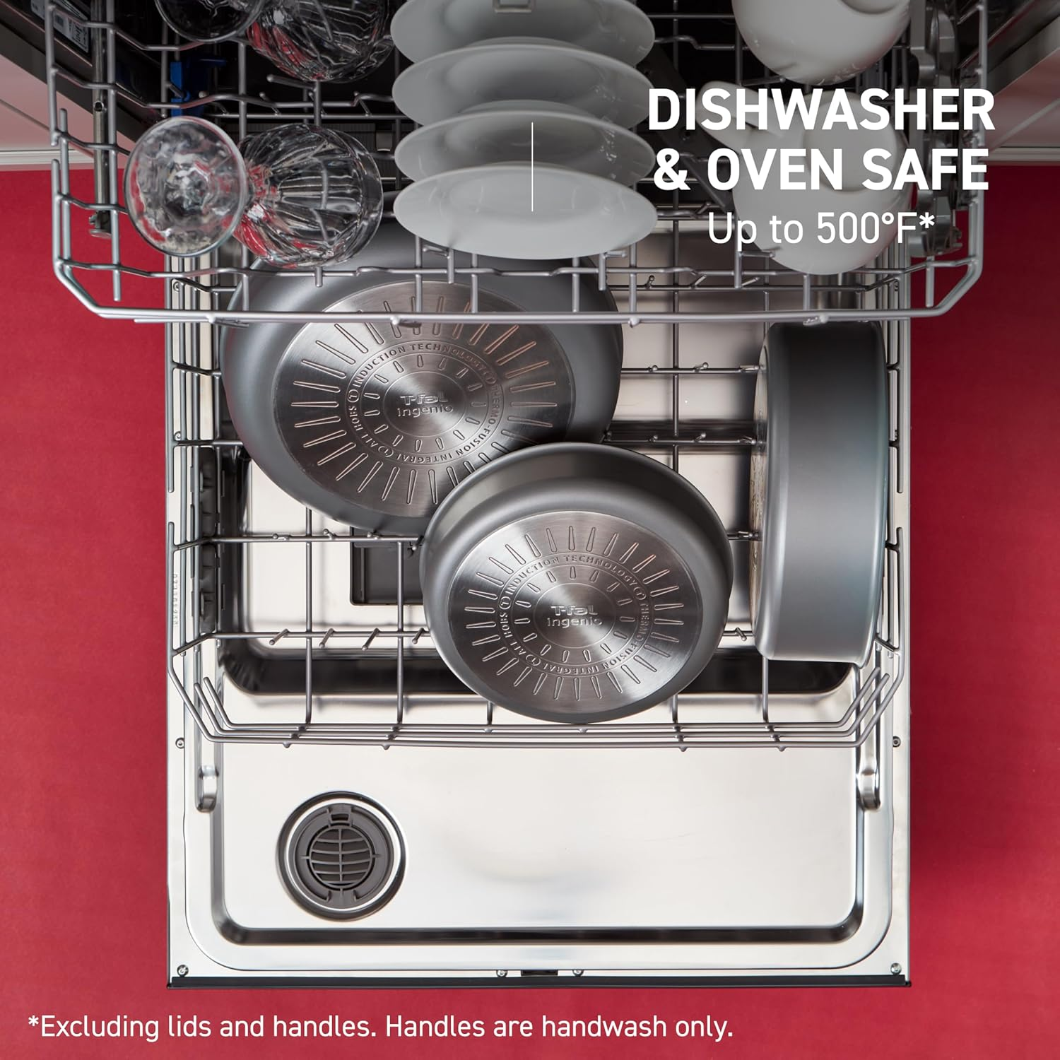 T-FAL Ingenio Nonstick Cookware Set 14 Piece Induction Oven Broiler Safe 500F Cookware, Pots and Pans, Oven, Broil, Dishwasher Safe, Rose Pink image number 3