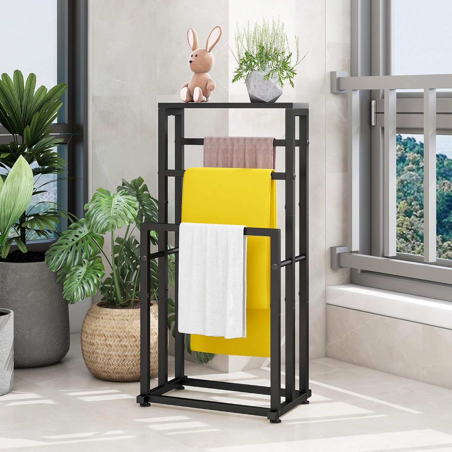 VERFARM Freestanding Towel Rack for Bathroom, 3 Tier Metal Blanket Ladder Holder Pool Drying and Display Rack with Shelf for Bedroom Living Room (Black)