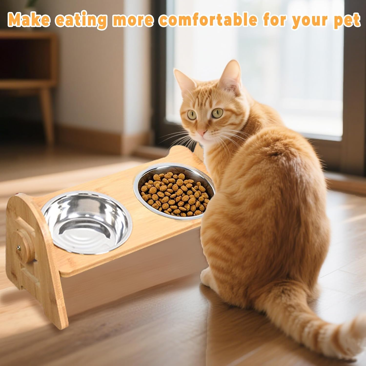 Silverchry Elevated Dog Feeder with Stand, Raised Cat Feeder 2 Stainless Steel Bowls, 4 Adjustable Heights, Bamboo Feeder for Cats, Puppies and Small Dogs image number 2