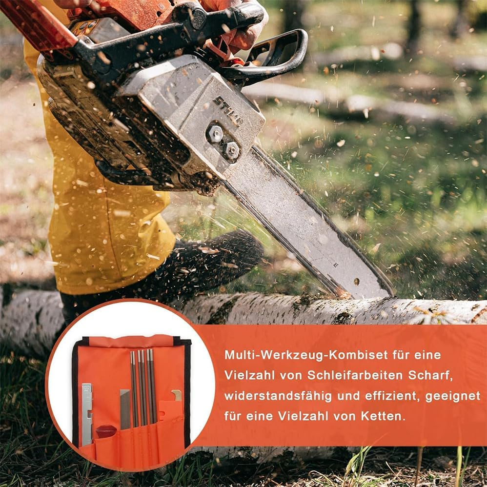 11PCS Universal Chainsaw Sharpener Tool,Chainsaw Chain Sharpening Kit,Comes with 3 Sizes of round Files (5/32", 3/16", 7/32"), Flat Files, Handles, File Guides, Rod Groove Cleaner and Pocket image number 2