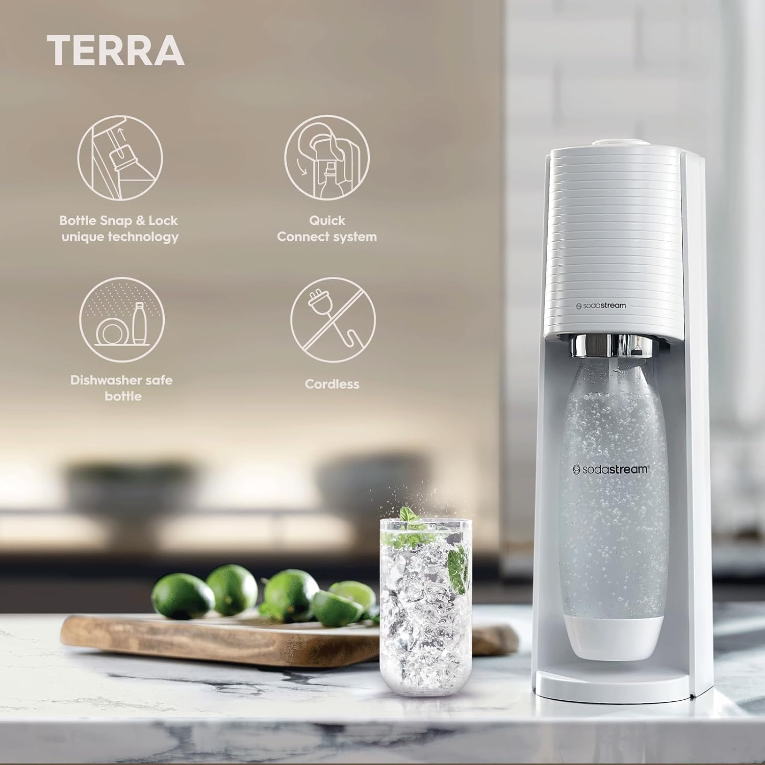 Sodastream Terra Classic Sparkling Water Maker W/60L Cylinder/1L Bottle White image number 2