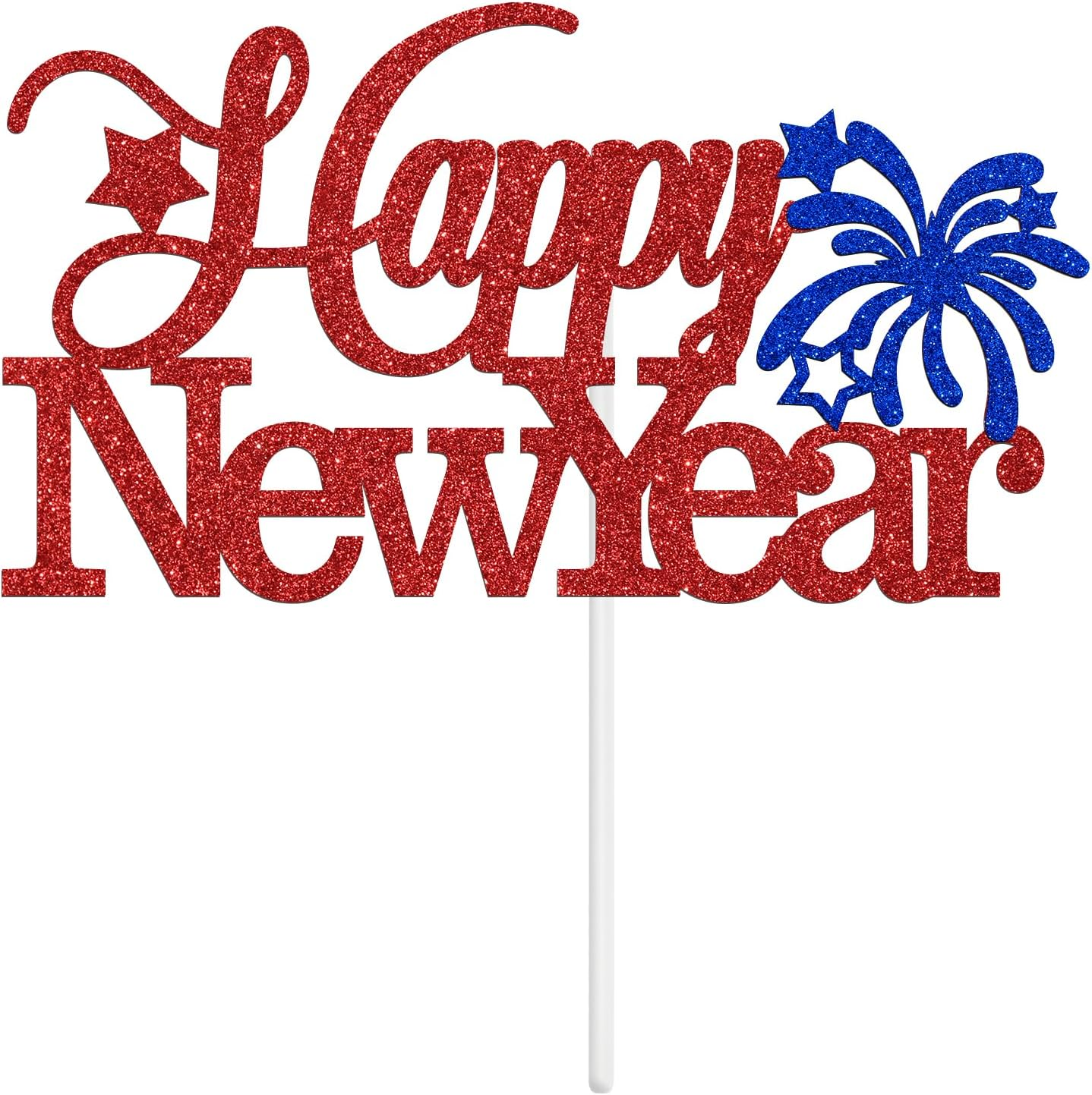 Happy New Year Cake Topper - Winter Xmas Holiday Cake Decor, Merry Christmas Santa Hello 2024 New Year Eve Party Decorations Supplies, Red and Blue Glitter image number 4