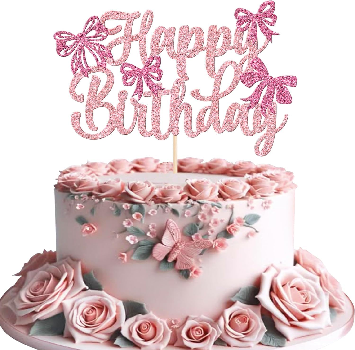 SYKYCTCY 1 Pack Bow Happy Birthday Cake Topper Glitter Coquette Cake Pick Decorations for Girls Women Birthday Theme Baby Shower Party Supplies (Pink)