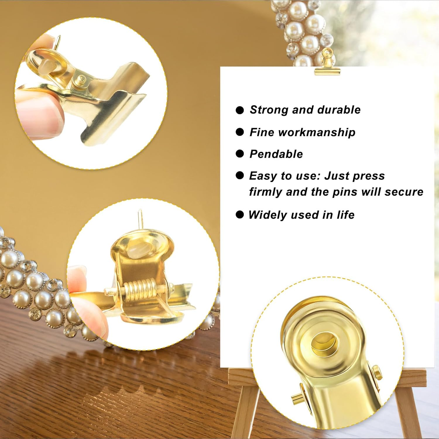 30 PCS Gold Push Pins, Heavy Duty Push Pins Clips, Thumb Tack Clips, Push Pins with Clips for Bulletin Board Decorations, Craft Projects, Artworks, Photos (Gold) image number 6