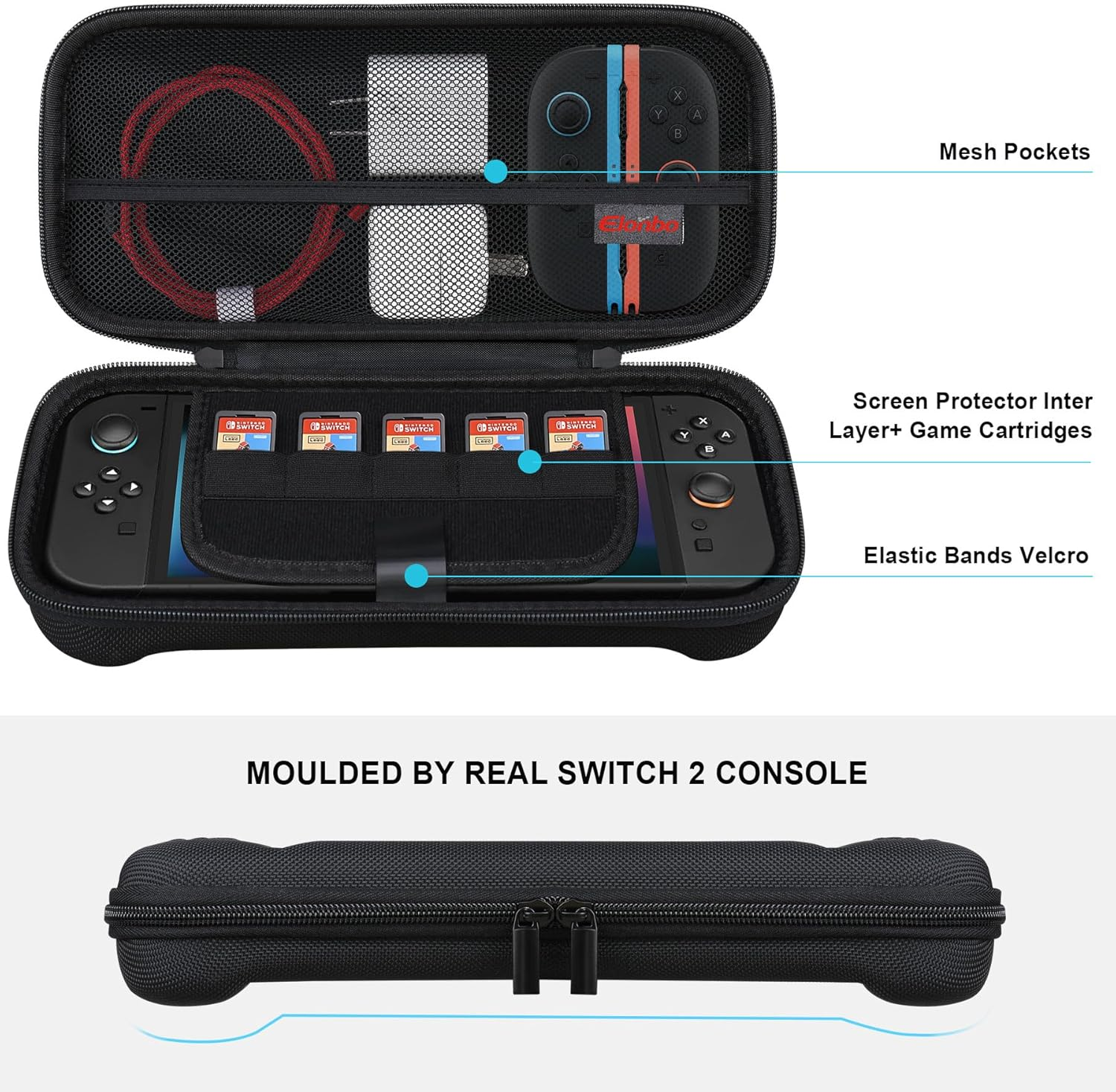 Elonbo Carrying Case for Nintendo Switch 2 (2025), Switch 2 Games Controller Grip Hard Travel Bag, Game Player Organizer Holder, Mesh Pocket Fits Joy-Con Cables, Black - Purple-Blue image number 5
