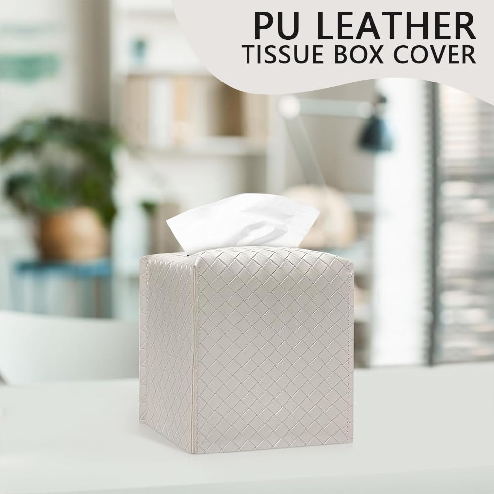 HYAVIA 2PCS PU Leather Tissue Box Cover &ndash; Square Tissue Holder with Braided Pattern and Bottom Strap, Modern Facial Tissue Organizer for Bathroom, Car, Office, Tabletop, Pearl White
