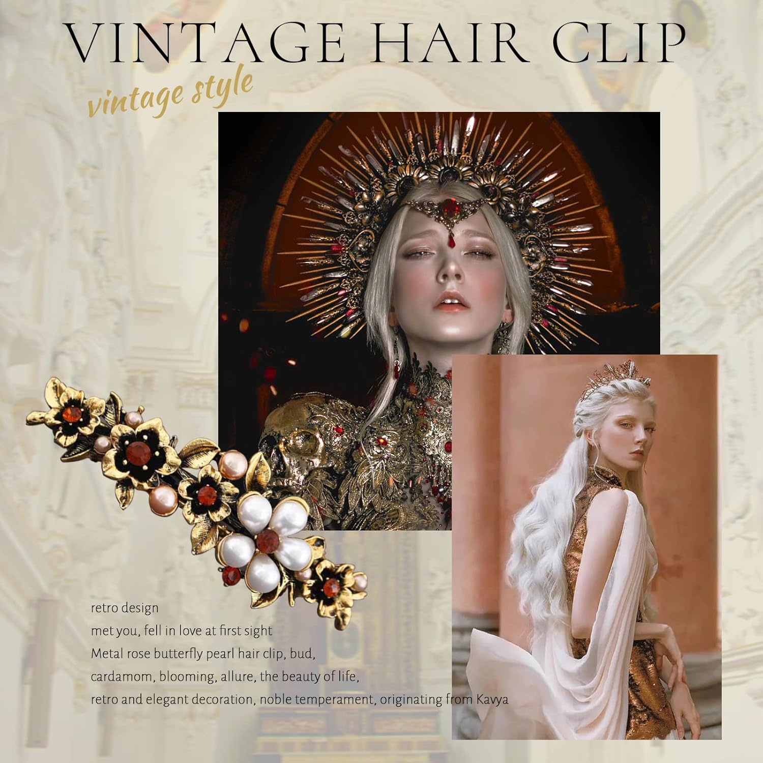 Kavya Automatic Hair Clips, Women'S Thin Hair, Pack of 2 French Vintage Hair Clips, Large Metal Flower, Fashion, Crystal Pearl, Flower Hair Clip, Large Thick Hair Flower Hair Accessories image number 3