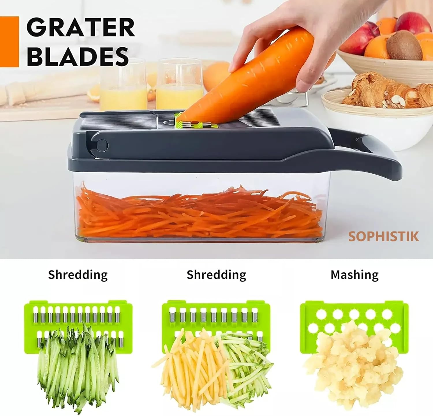 Sophistik 16-In-1 Multifunctional Vegetable Chopper, Slicer, Dicer & Grater with Interchangeable Blades, Wash Basket, Egg Separator, Easy-To-Clean, Space-Saving, Perfect for Slicing, Dicing, Grating