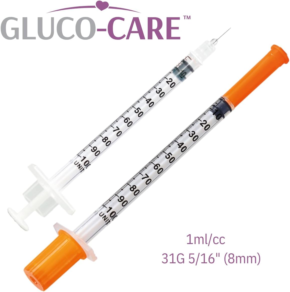 GLUCO-CARE 1 Ml/Cc Syringes 31G X 5/16&rsquo;&rsquo; (8Mm), Orange Cap, 100/Box