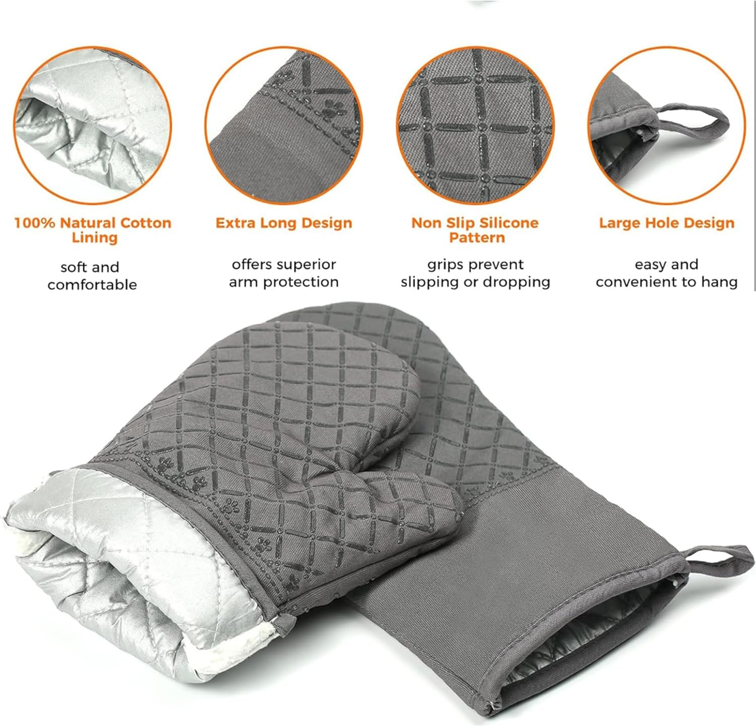 LF Line 2 Pcs Long Oven Mitts Heat Resistant for Kitchen, Kitchen Oven Gloves with Non-Slip Silicone Stripe Soft Cotton Lining, Silicone Oven Mitts for Cooking Baking BBQ Grey - Grey image number 4