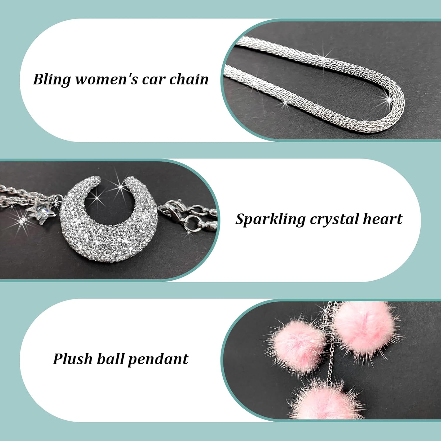 Ziciner Bling Diamond Heart Car Interior Accessories, Car Mirror Hanging Ornament for Women, Love Heart & Pink Plush Ball Decor Ornament Pendant, Car Hanging Decoration Charm Pendant (Moon/Pink) image number 4