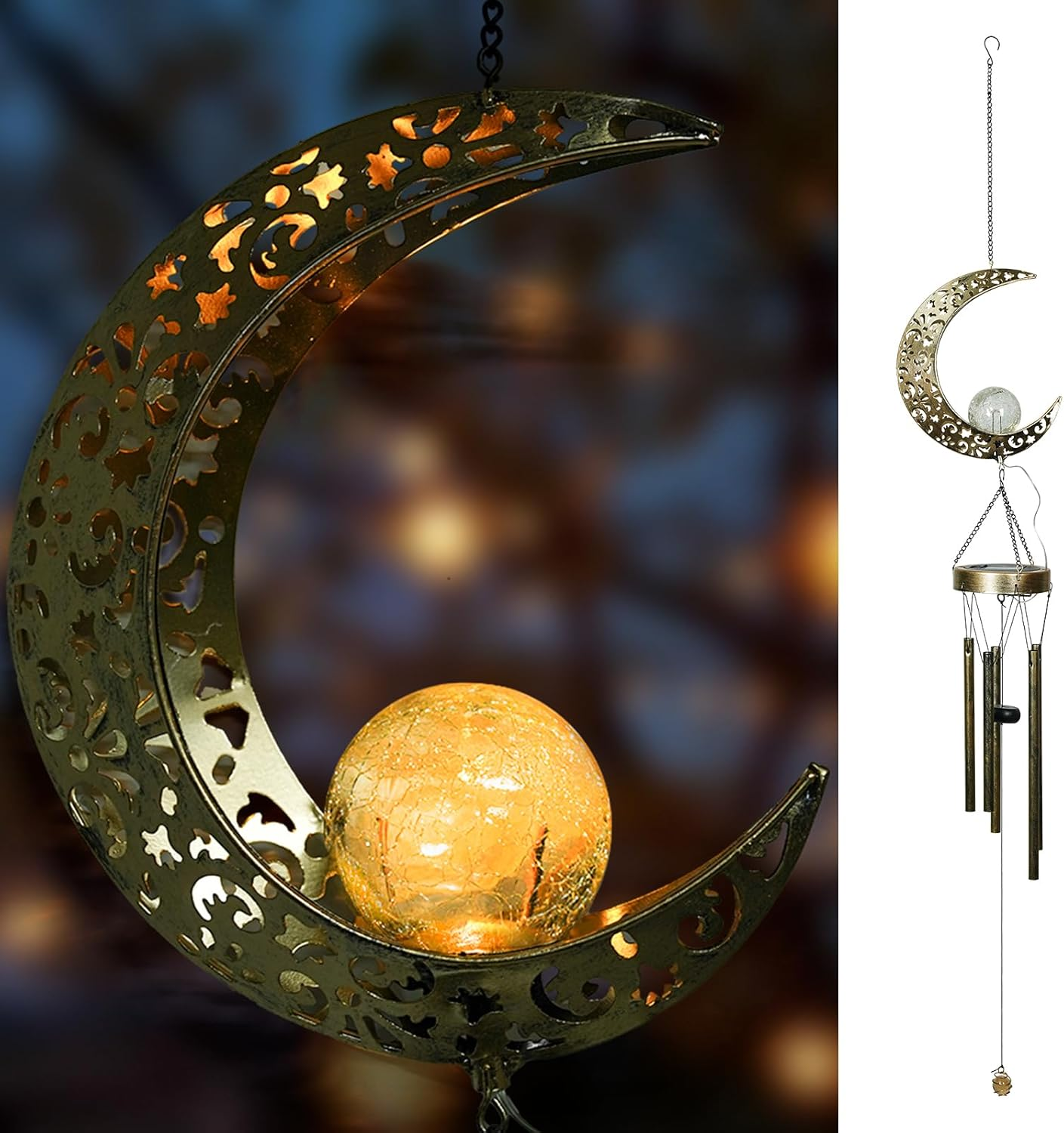 Ferrisland Solar Wind Chimes for outside Clearance, Sun Windchimes Outdoors for Porch Patio with Crackle Glass Ball LED Light, Waterproof Metal Outdoor Hanging Decor for Women Wife Mom image number 4