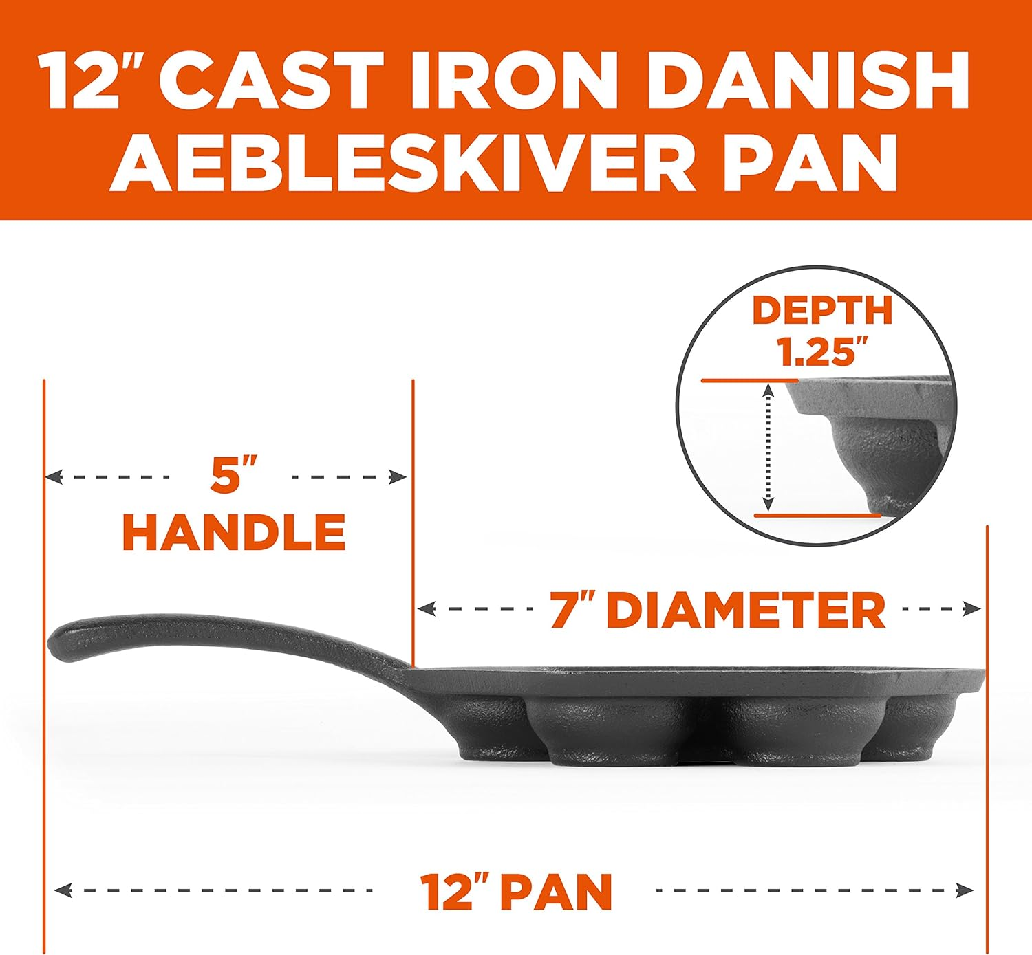 Cast Iron Danish Aebleskiver Pan, Preseasoned Cast Iron Cookware for Pancake Puffs, Makes 7 Pancake Balls by Commercial Chef
