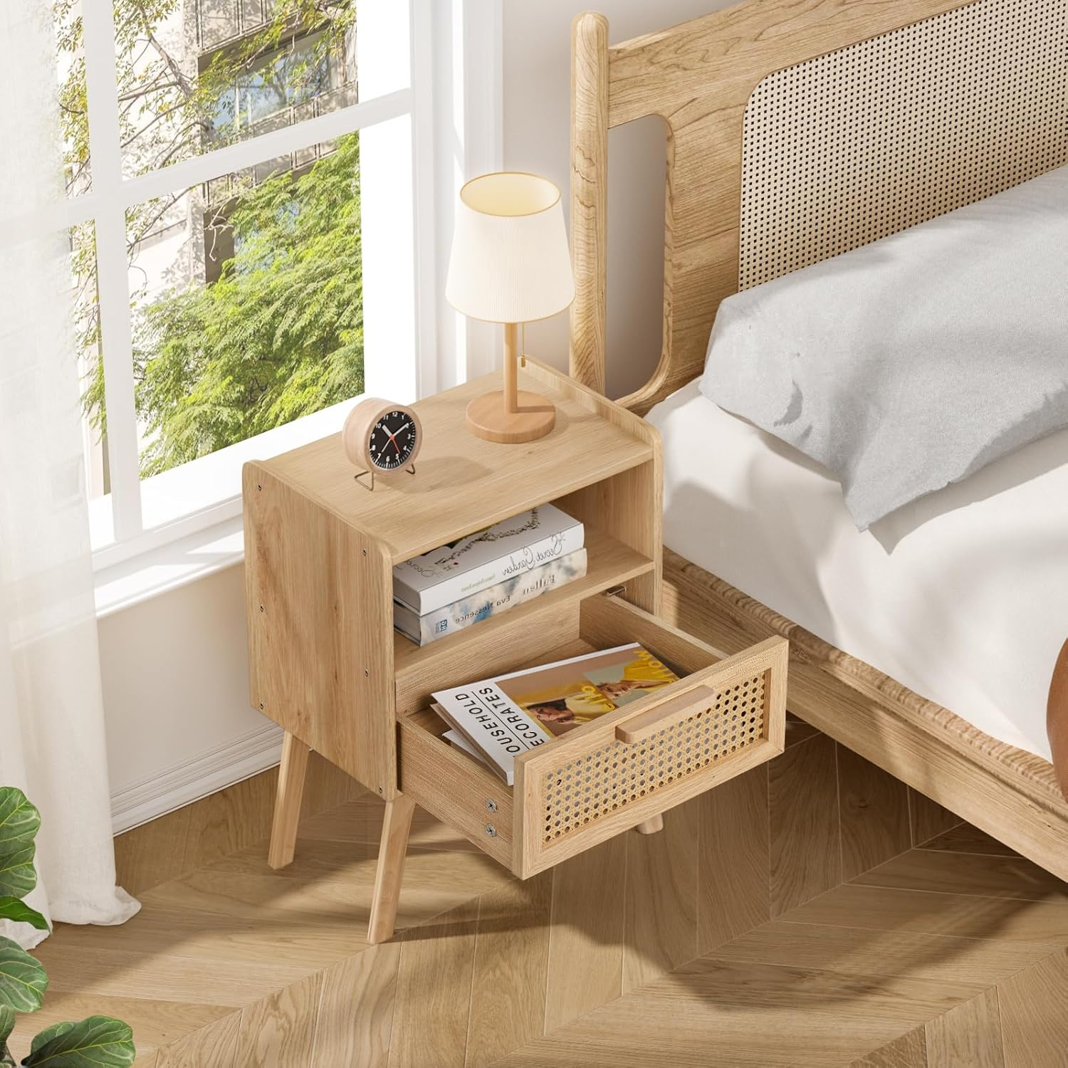 LELELINKY Rattan Nightstand, Small Side Table with Wooden Drawer and Open Shelves, Bedside Table with Solid Wood Legs, Living Room Sofa End Table, Bedroom Night Stand