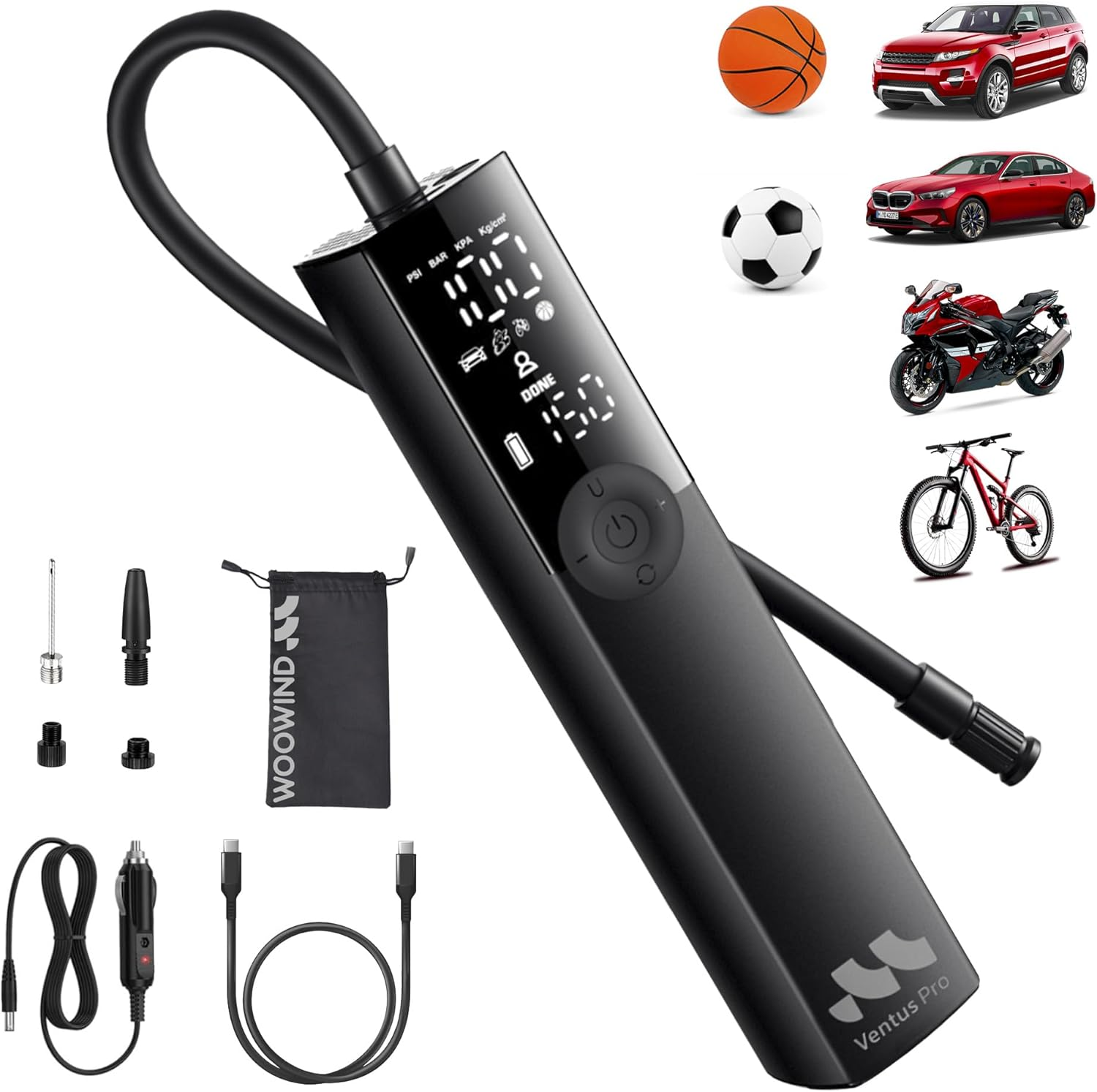 Tyre Inflator Portable Air Compressor for Car, Bike, Motorcycle, SUV, Offroad & Truck - Fast Car Pump, 150 PSI, Cordless & 12V DC, Auto Shut-Off, LED Display & Emergency Light by Woowind image number 5