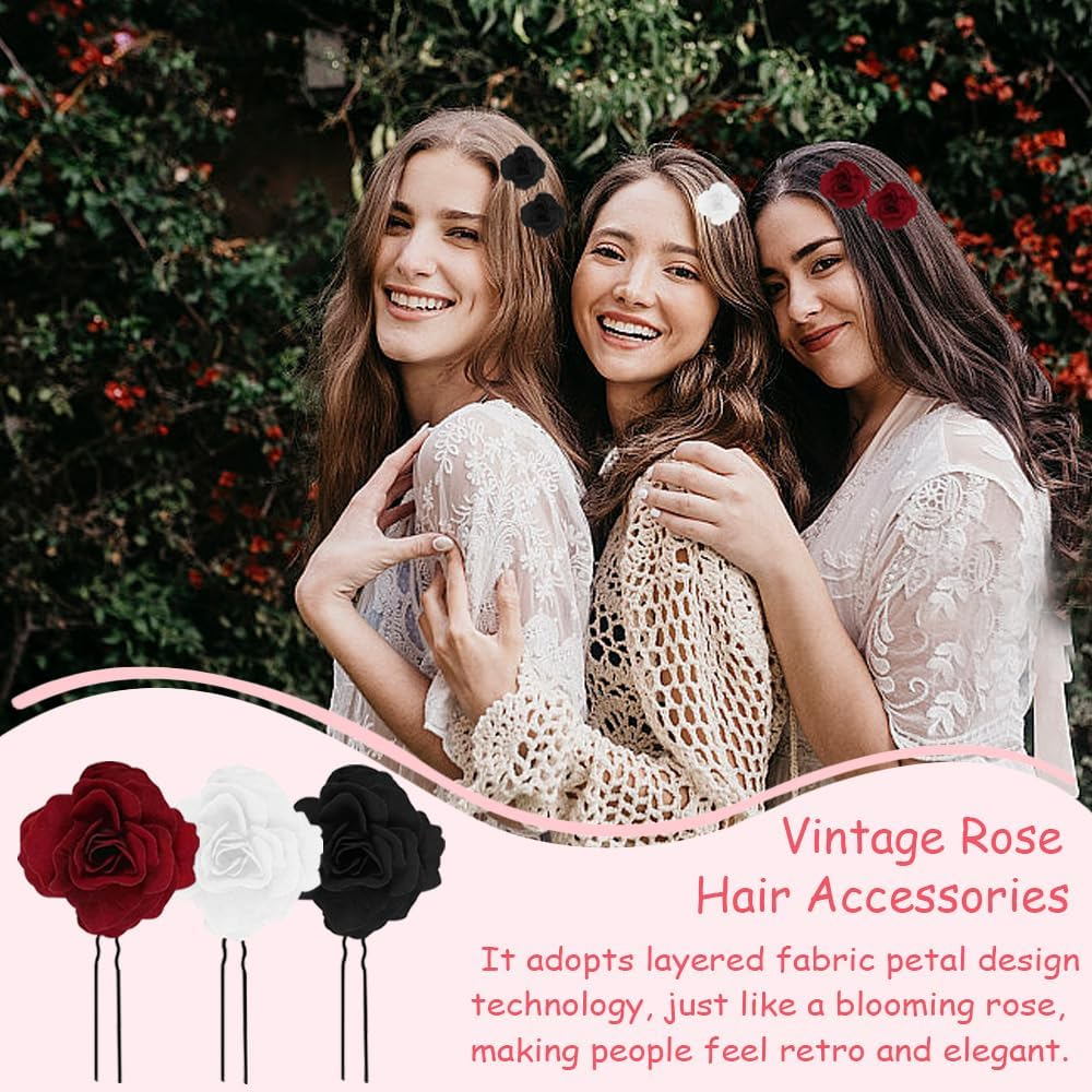TRKETK Pack of 9 Flower Hair Clips Rose Flower Hair Pin Rose Brooch U Shape Rose Floral Bobby Pins Vintage Rose Hair Accessories for Party Wedding Event Women Girls image number 3
