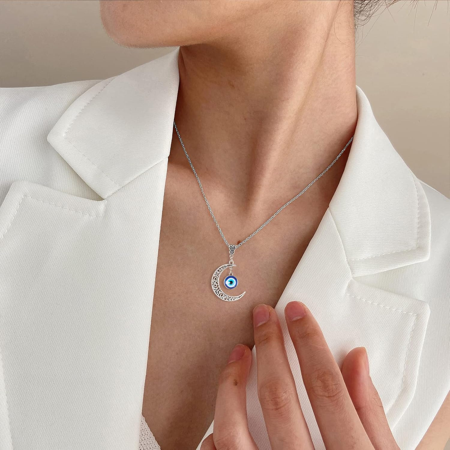 VIBILIA Evil Eye Necklace Sun Pendant Turkish Blue Eye Protection Lucky Necklaces Jewelry Gifts for Men Women (Sun) - Silver - 06-Moon-Silver image number 1