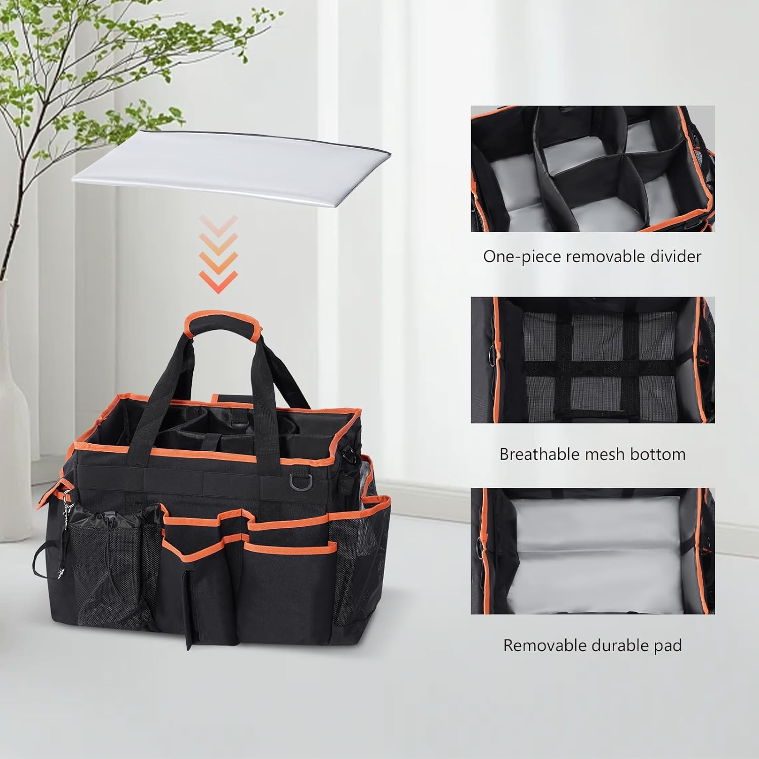 Puricon Cleaning Caddy with Wheels, Professional Portable Rolling Cleaning Supplies Bag with Detachable Trolley Large Cleaning Cart with Handle and Shoulder Strap for Housekeeping -Blackorange image number 3