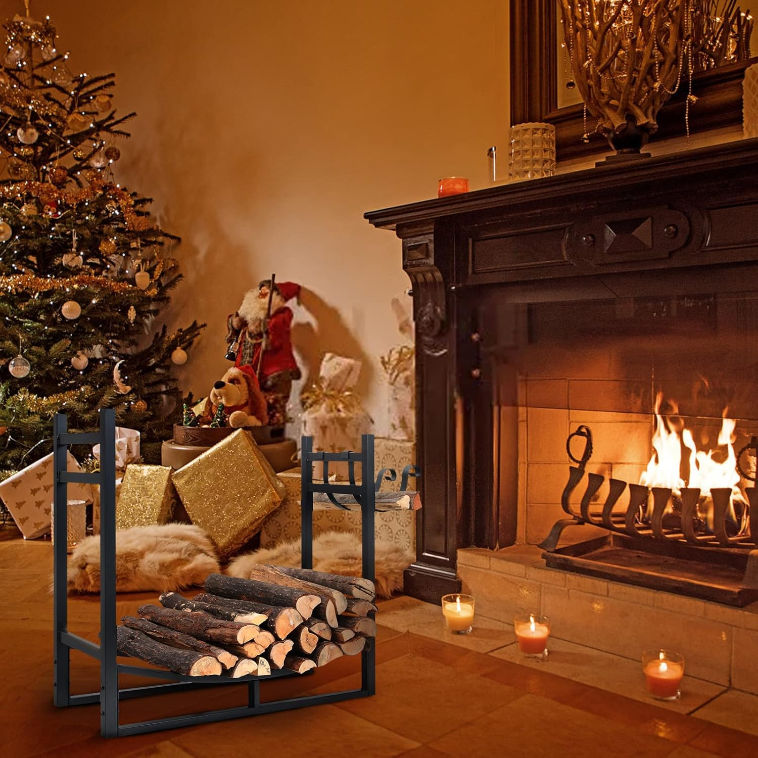 Heavy Duty Firewood Racks Indoor/Outdoor Log Rack with Kindling Holder, 30 Inches Tall, Black image number 1