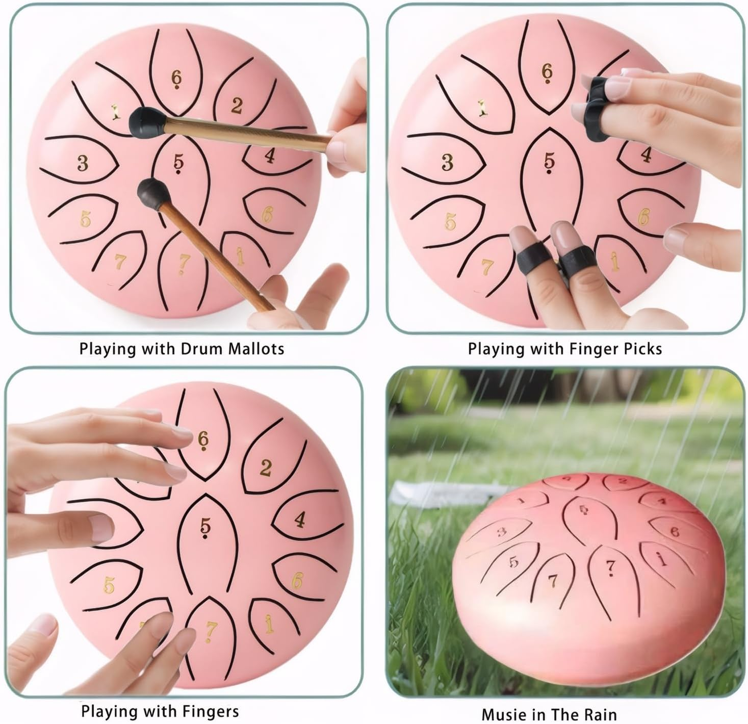 Outdoor Rain Drum, 6-Inch 11 Tone, Waterproof, Zen Yoga Gift, Music Book, Storage Bag, Hammer and Fingers Picks (Pink)