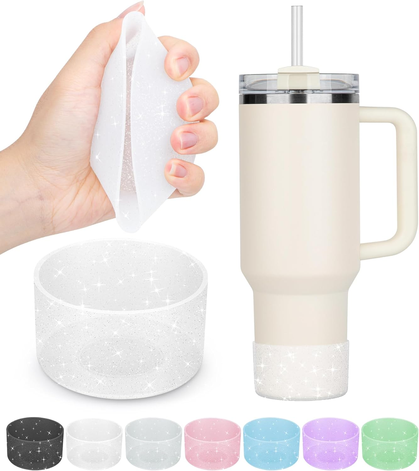 Piccircuit Silicone Boot for Stanley Cup 20-40Oz & Hydroflask 12-24Oz, Glitter Tumbler Accessories, Bottom Protector, Clear (2PCS)