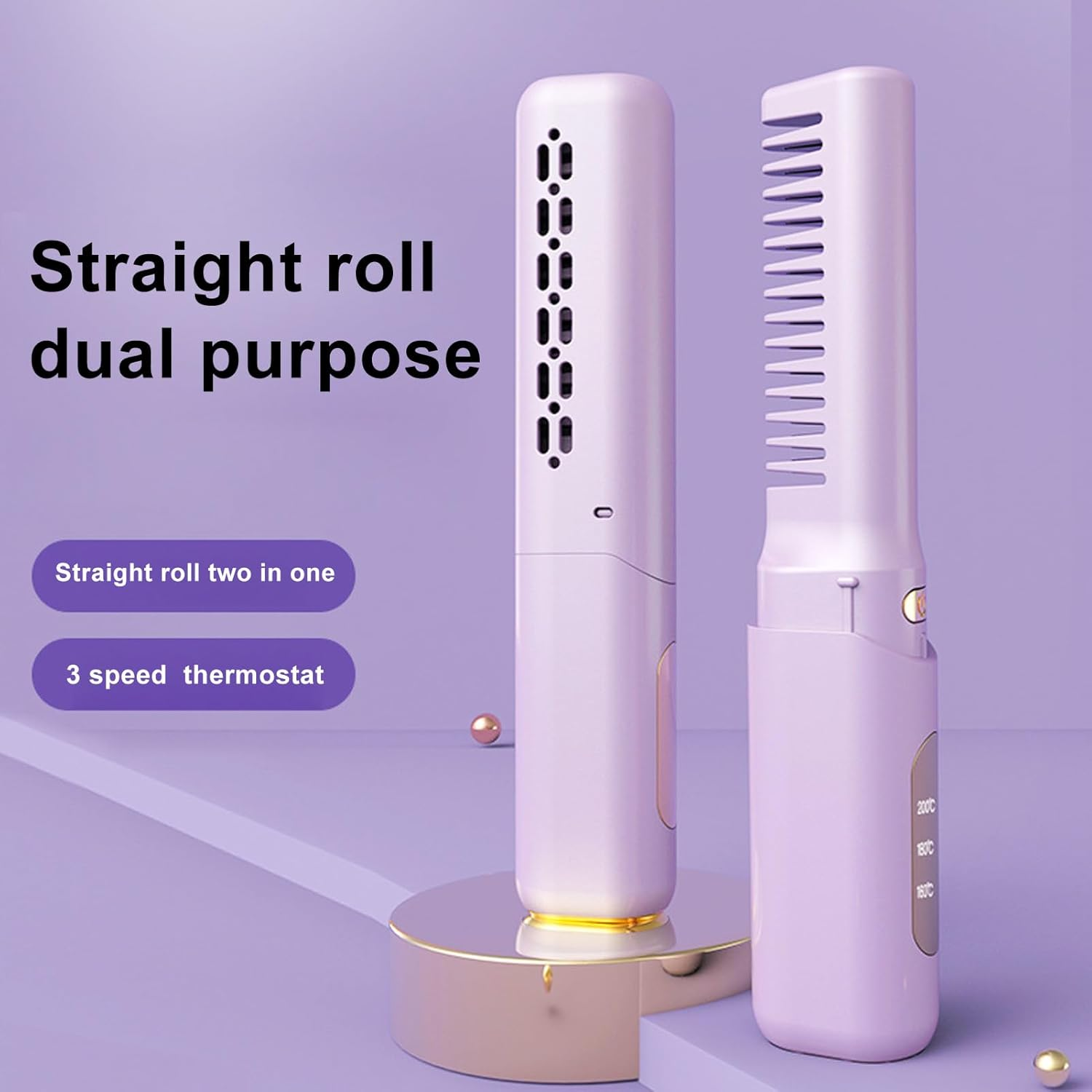 Rechargeable Mini Hair Straightener, Portable Straightening Brush, anti Scald Type C Cordless Hair Straightener with 3 Adjustable Temperature for All Hair Types (Purple) image number 5