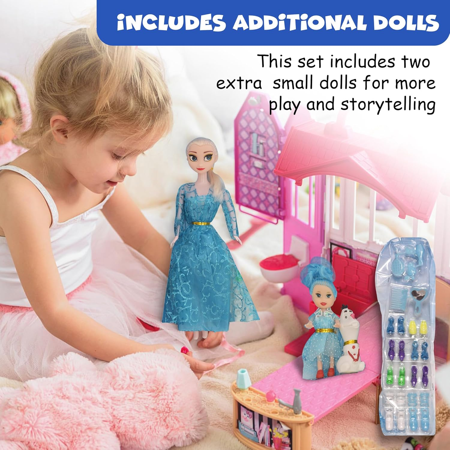 FUNFY FYDFZ001 11" Ice Princess Doll Set | Includes Two Additional Small Dolls | Blue | Material: Plastic | Array of Accessories Including Dresses, Shoes, Comb and Mirror for Extended Play | for Girls image number 3