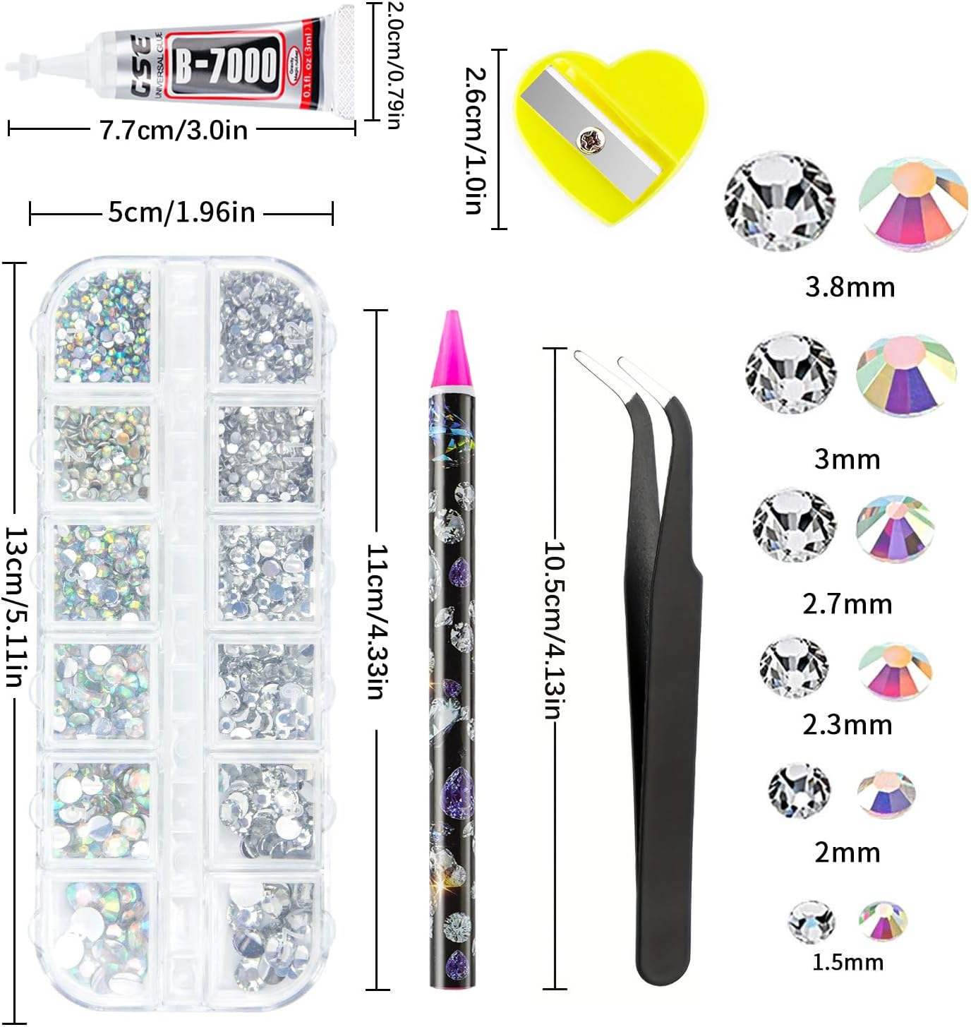 Canvalite Rhinestones 1500PCS in 6 Sizes Flat Back Nail Gems, Crystal AB Rhinestones Nail Art Gems with Pick up Tweezers and Rhinestone Picker Dotting Pen, Nail Rhinestones for Nails, Makeup, Clothes, Face, Craft By - 15 Mix Colors image number 3