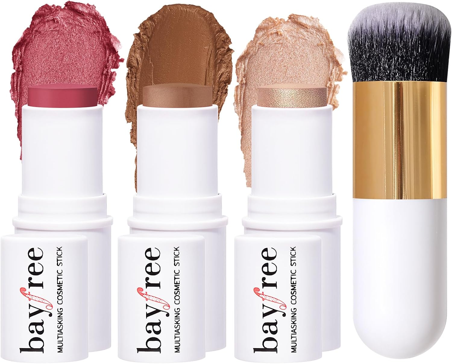 KIMUSE Face Sticks Trio, Cream Blush & Highlighter & Contour Stick for Sculpt the Cheeks, Long Lasting Cream Contour Stick Trio for Face Makeup, with Brush