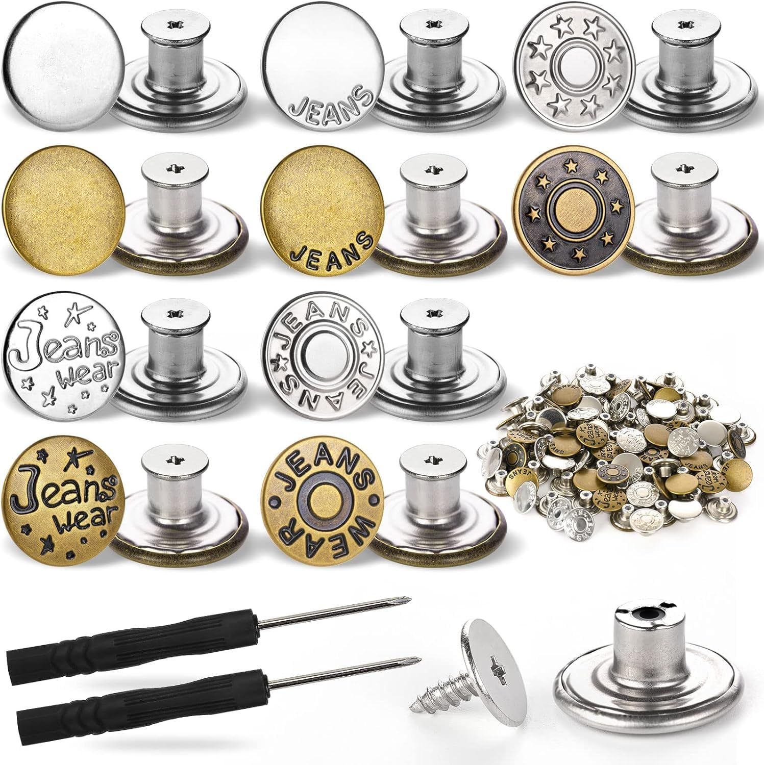 100 Sets Jeans Button Replacement, Removable 17 Mm Metal Buttons for Jeans, No Sew Buttons for Women and Men Jeans Clothing Accessories with Screw Storage Box image number 3