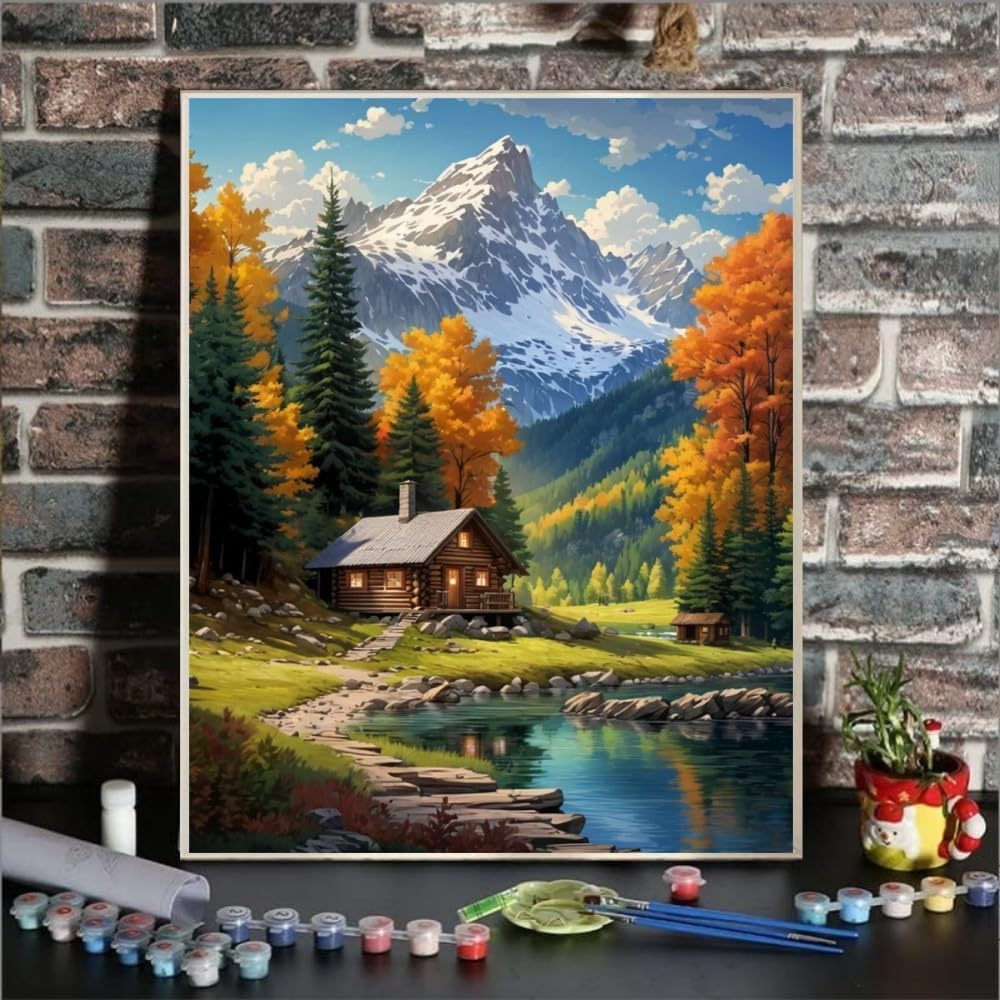 Paint by Number for Adults. a Cabin in the Woods Paint by Numbers for Adults Beginner Drawing Paintwork with 3 Paintbrushes Paint Canvas Oil Painting 16&rdquo; X 20&rdquo; image number 2