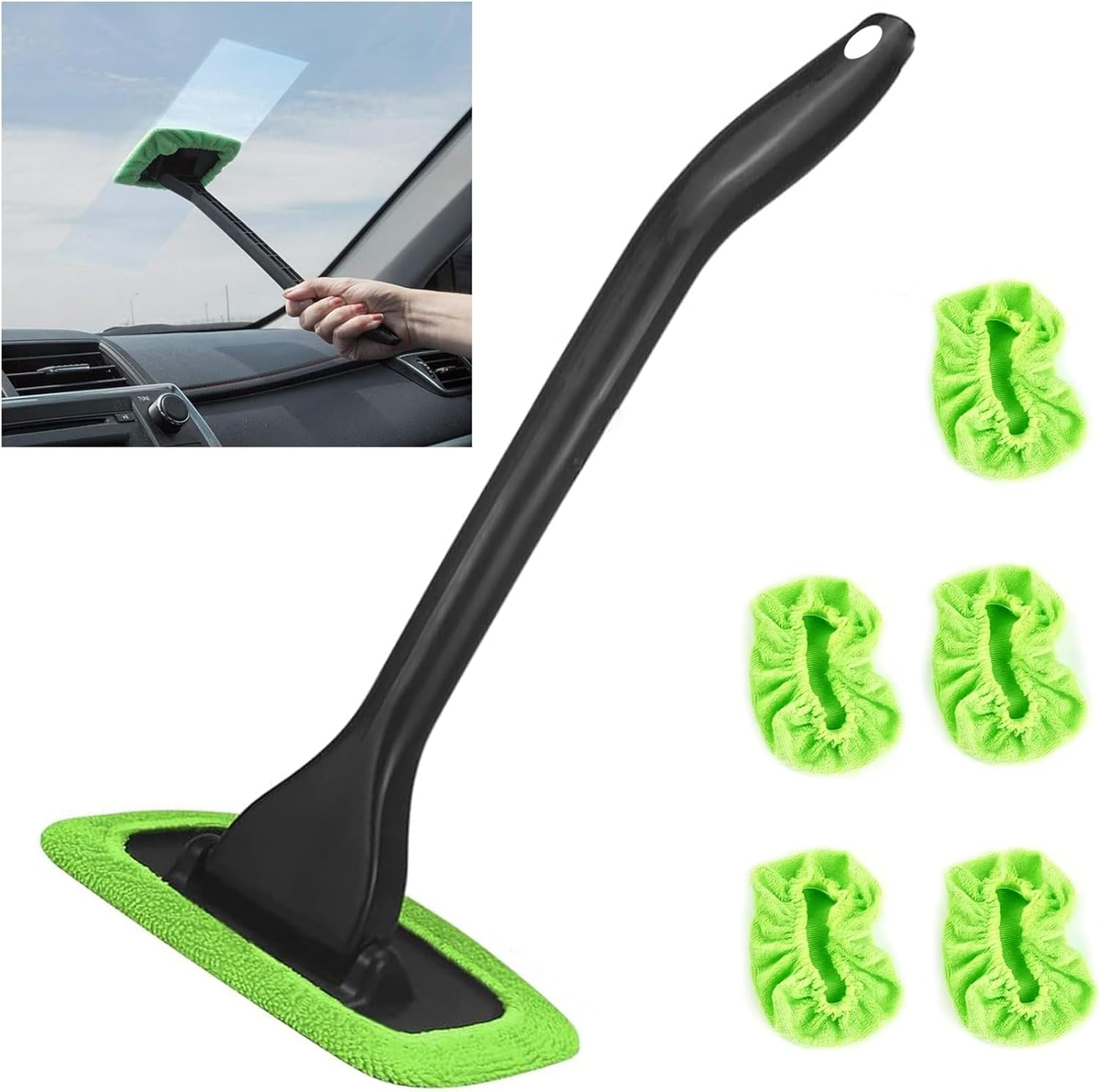 Windshield Cleaning Tool Windshield Cleaning Wand Auto Window Cleaner,5 Pieces Reusable Cloth Pads for Car Interior, Dirty Car Washing Brushes (Green) image number 6