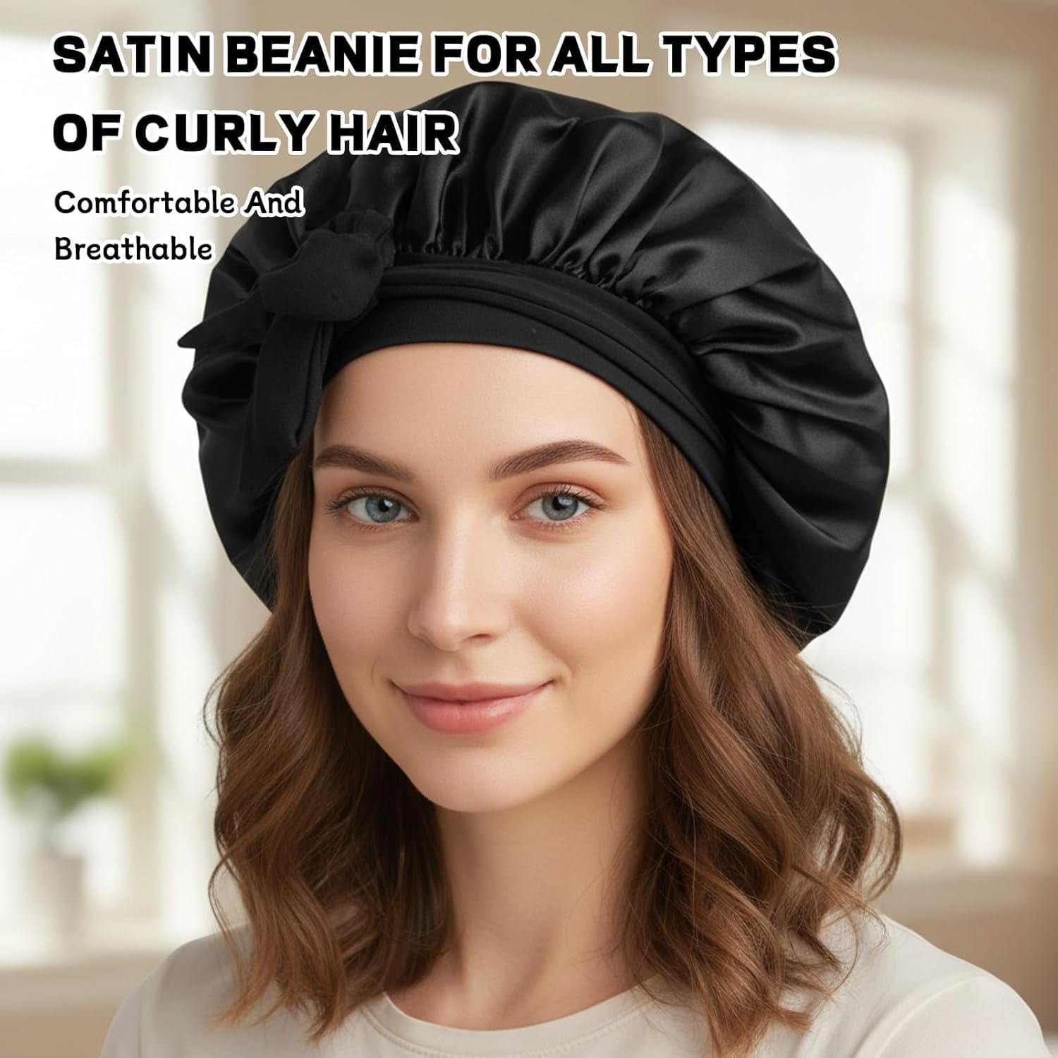 Jazrvr Silk Bonnet for Sleeping, Silk Sleep Cap, Set of 6 Including 3 Black Silk Bonnets and 3 Hair Bobbles 36 Cm, Hair Protection for the Night image number 3