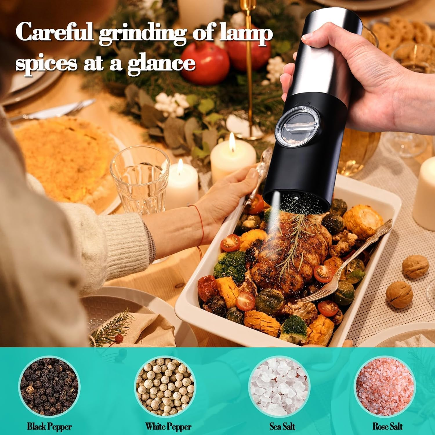 Electric Salt and Pepper Grinder Set, Battery Powered Automatic Pepper Mill, Ceramic Grinder with Adjustable Coarseness, LED Light, and Salt Mill Refillable, One Hand Operation (1 Pack-Silver) image number 2