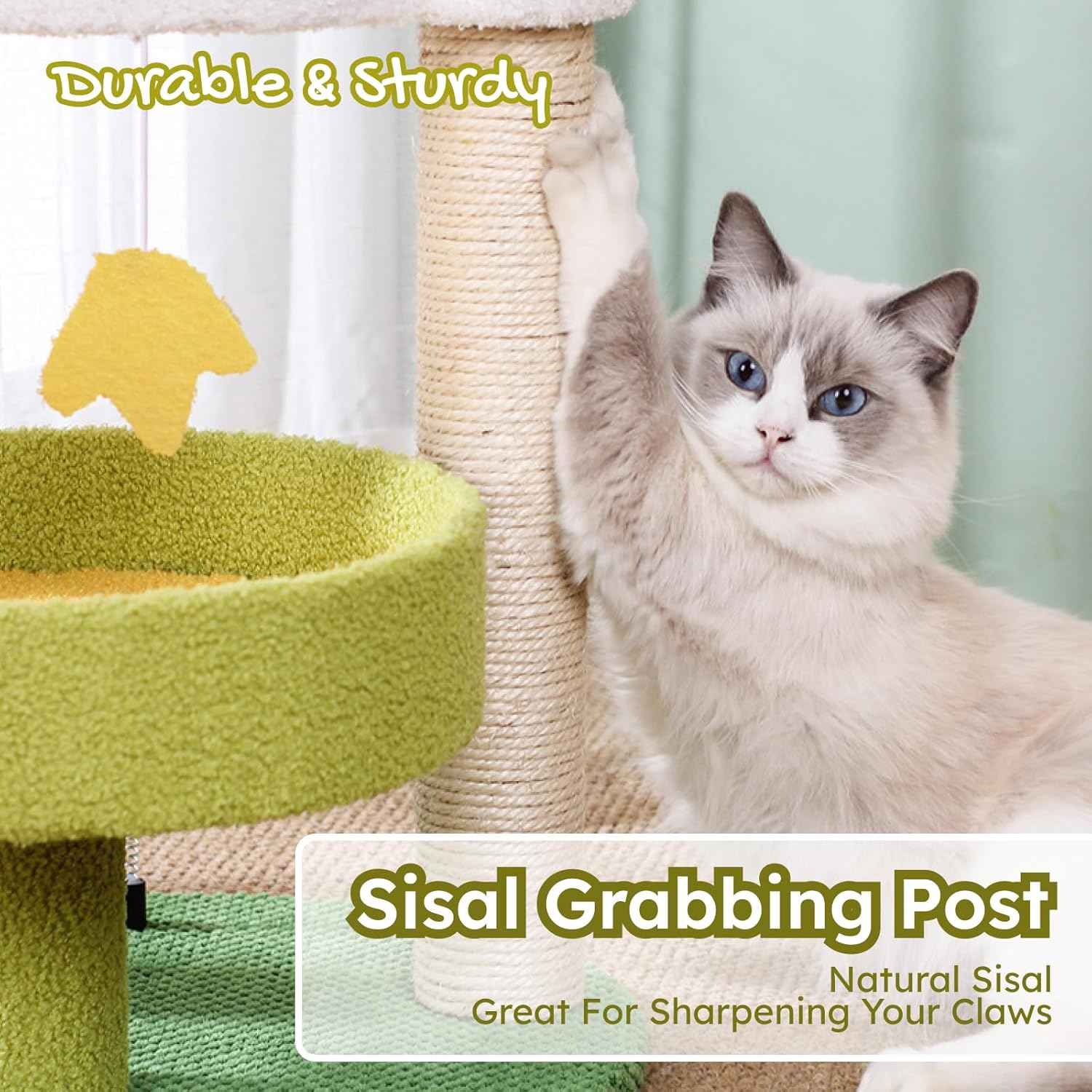 Cute Cat Tree - Duck Shaped Cat Tower with Cozy Bed, Scratching Post, Plush Perches and Hanging Toys, Sturdy Cat Activity Tower for Kittens and Small Cats, 52Cm Tall image number 3