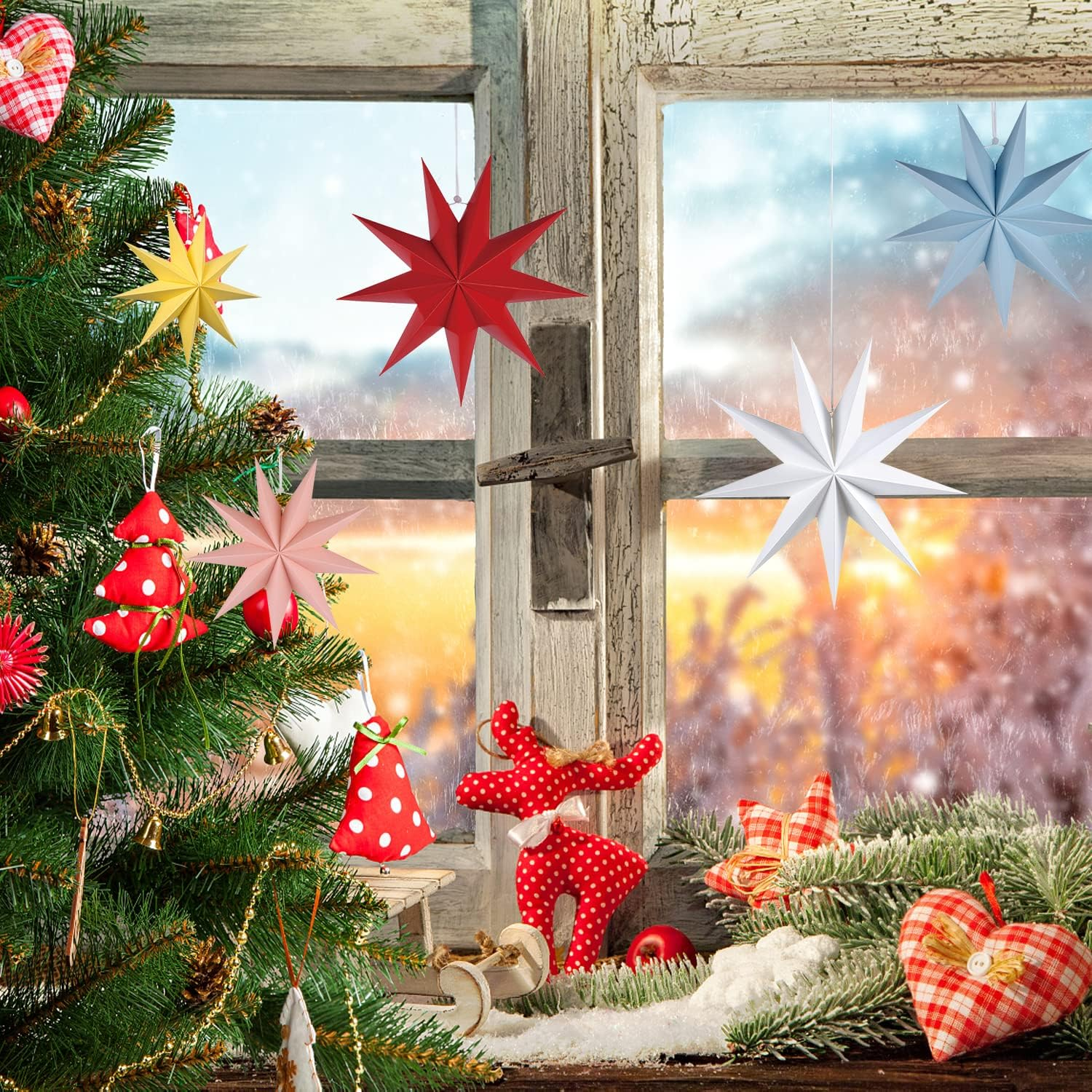 5Pack Paper Star Lantern Hanging Christmas Xmas Day Decoration for Wedding Birthday Party Home Decor (Multi-Colored) - Multicolor image number 5