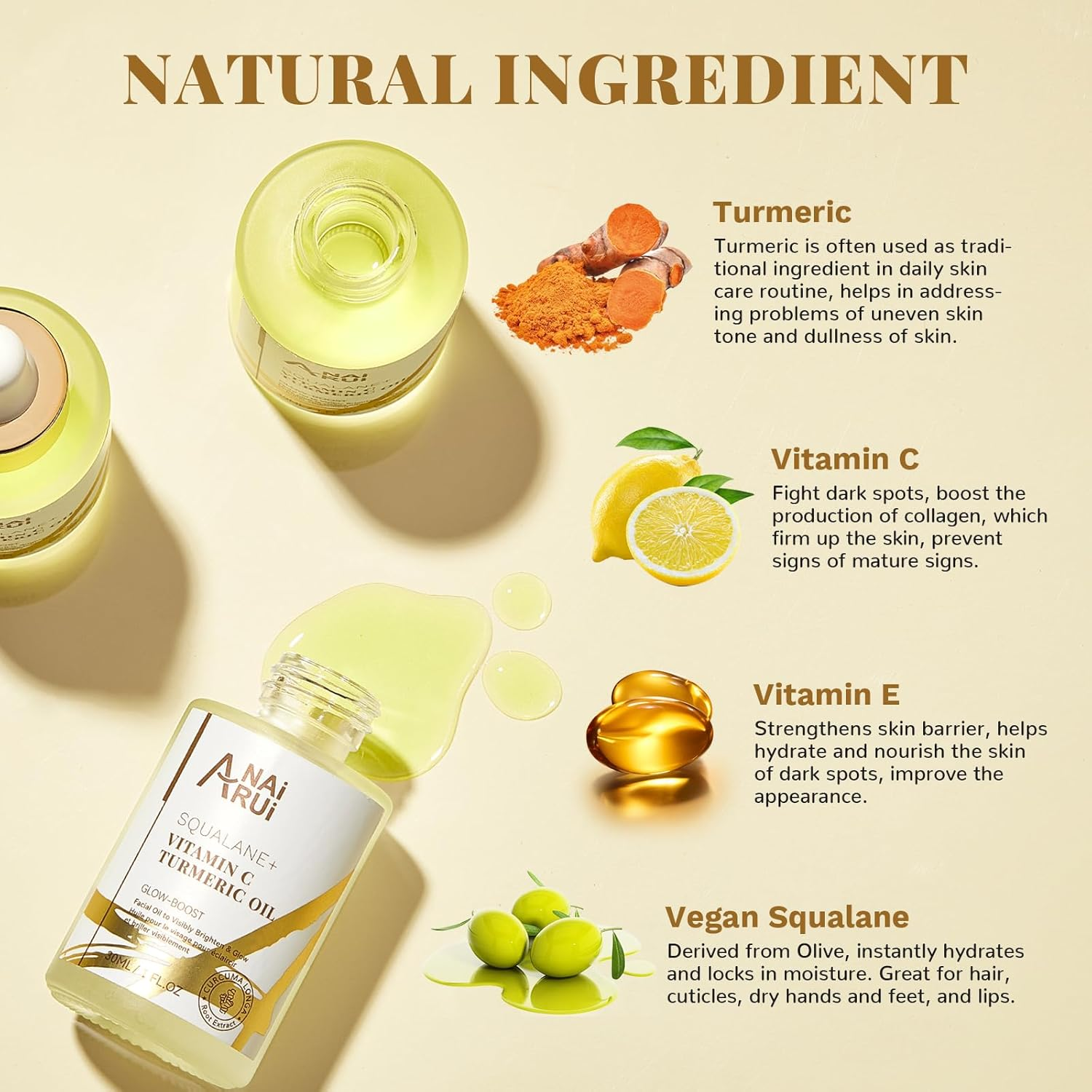 ANAI RUI Squalane Vitamin C Turmeric Facial Oil Moisturizer for Face, Hydrates, Firms Skin, 1.05 Fl.Oz. image number 5