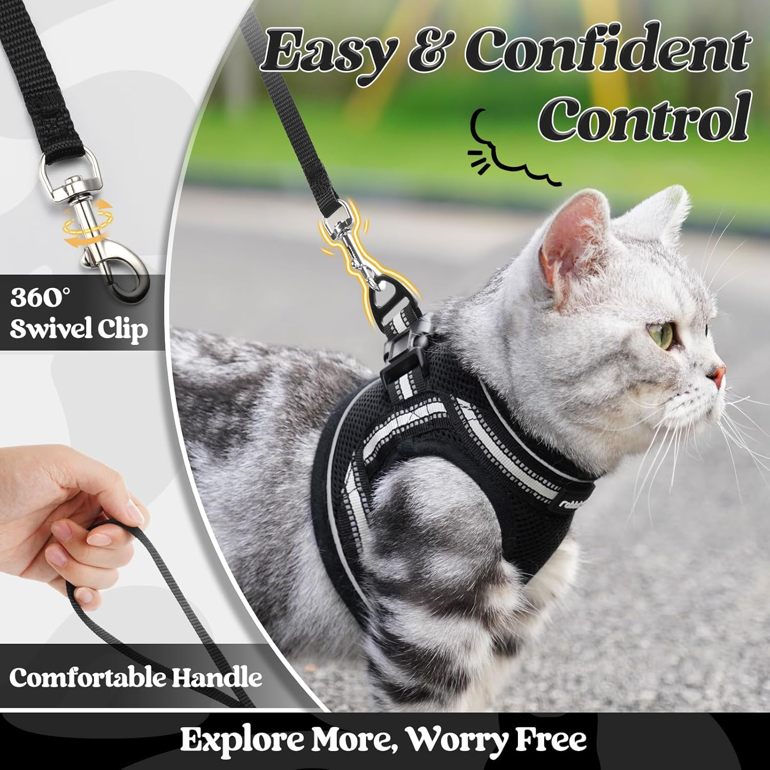 Rabbitgoo Cat Harness and Leash Set for Walking Escape Proof, Adjustable Soft Kitten Vest Harness with Reflective Strip for Cats, Step-In Comfortable Mesh Paded Outdoor Pet Harness, Black, M image number 3