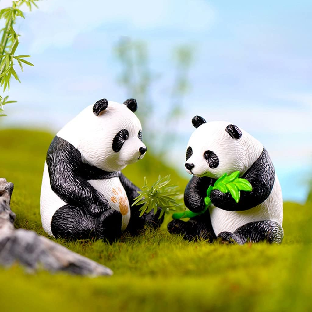 8 PCS Solid Panda Figurines Set with 10 Bamboo Trees Cake Topper DIY Kits Realistic Cute Panda Ornament Birthday Party Decorations Supplies