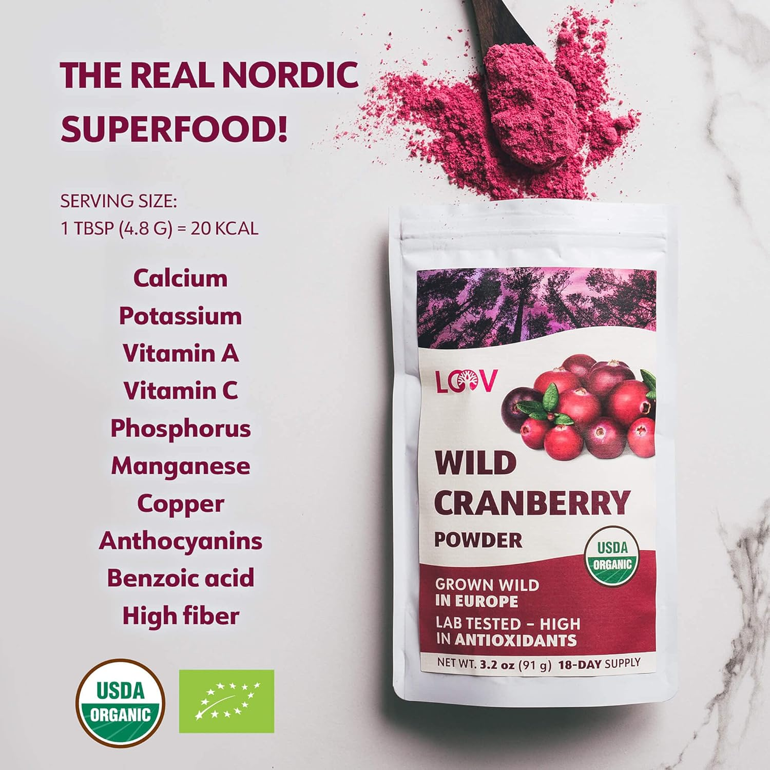 Wild Organic Freeze Dried Cranberry Powder, 3.2 Oz, 18-Day Supply, from Nordic Forests, Raw, No Added Sugar