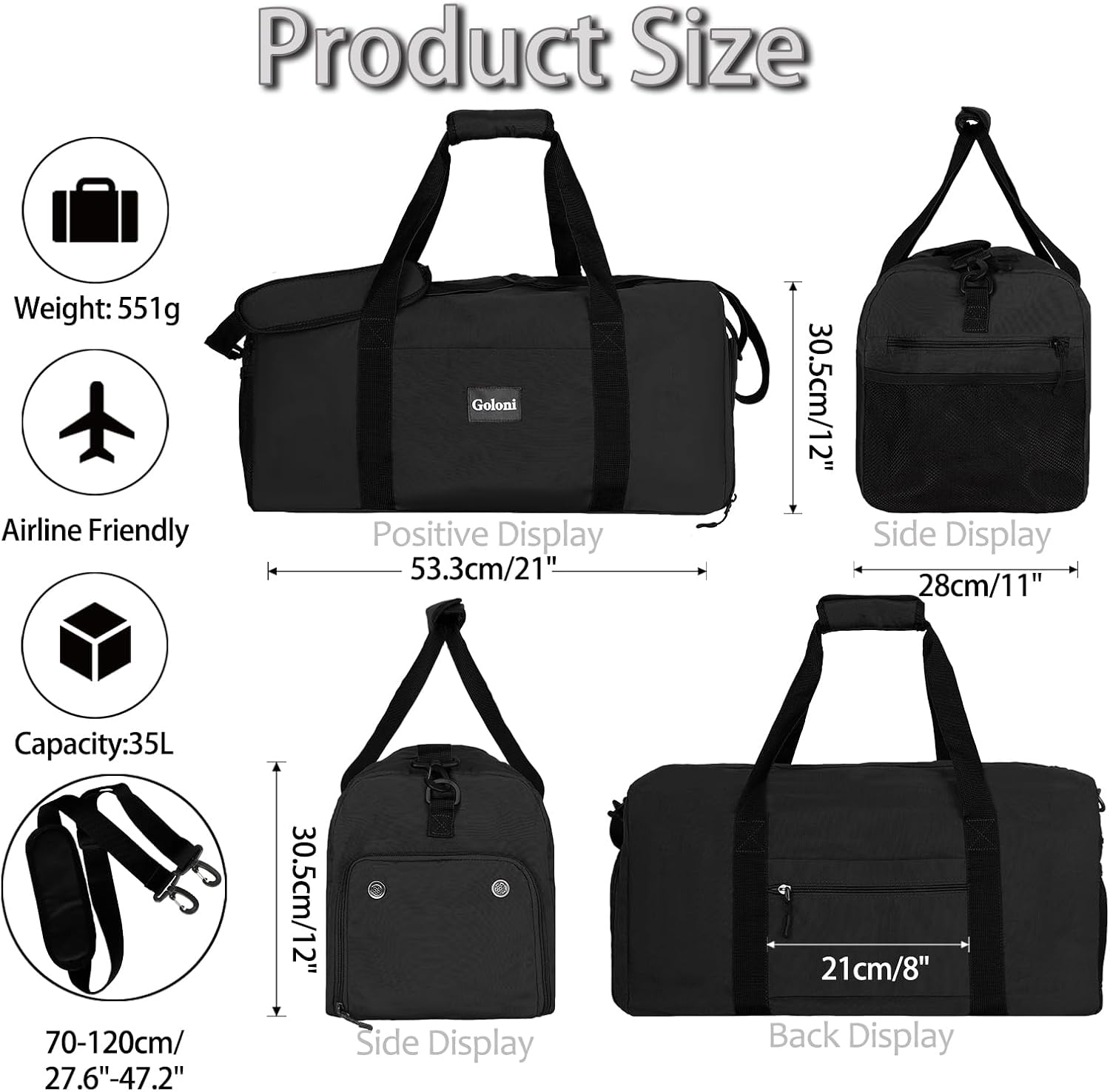 Goloni Cute Duffle Bag for Women, Gym Bag with Shoe Compartment, Lightweight Weekend Travel Duffel Bag,Overnight Bag with Wet Pocket, Black - Black image number 5