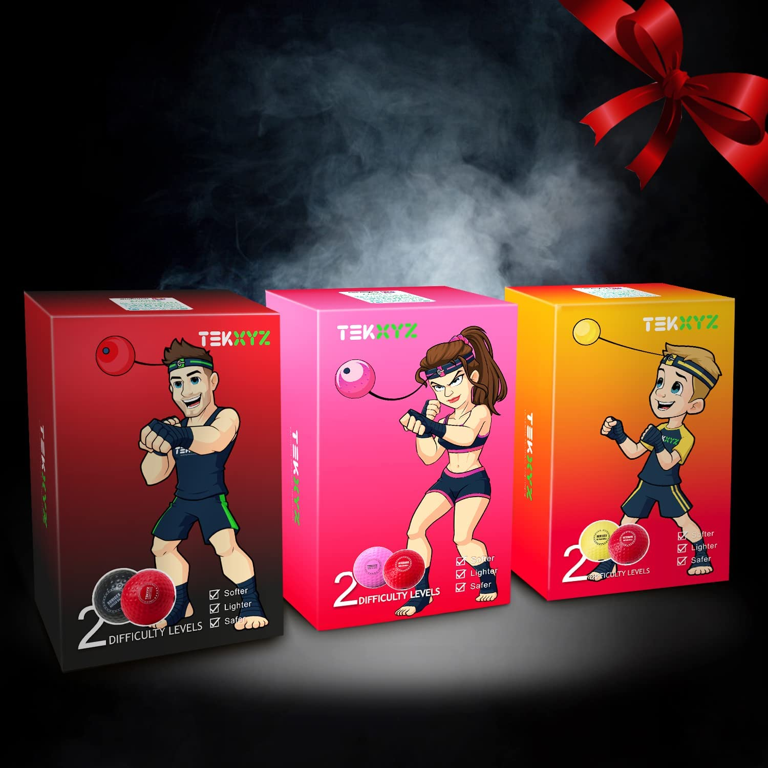 TEKXYZ Boxing Reflex Ball, 2 Difficulty Levels Boxing Ball with Headband, Softer than Tennis Ball, Perfect for Reaction, Agility, Punching Speed, Fight Skill and Hand Eye Coordination Training - Cc- Red/Pink image number 4