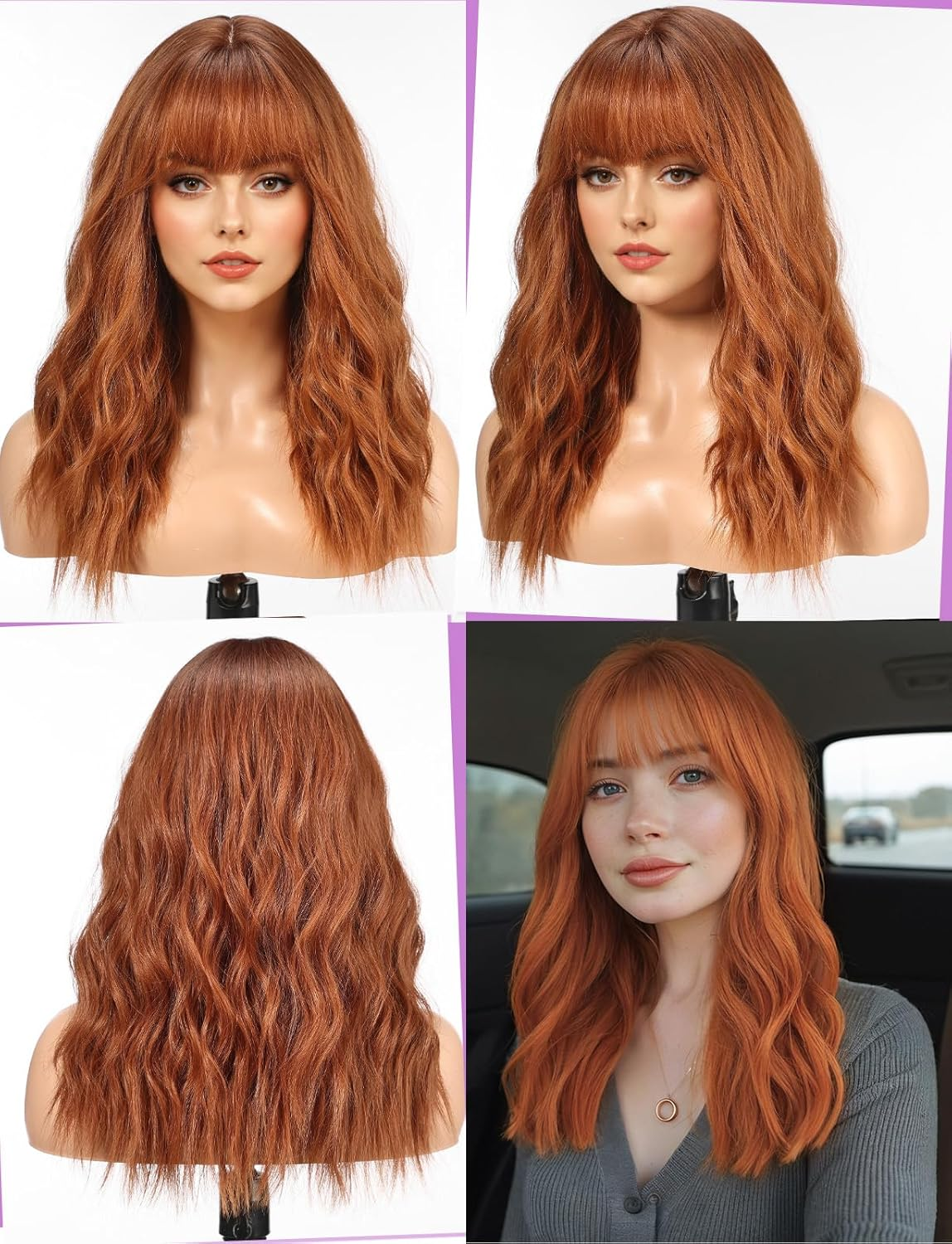 WOKESTAR Long Wig with Fringe Synthetic Wavy Wigs for Women Ginger Colour image number 3