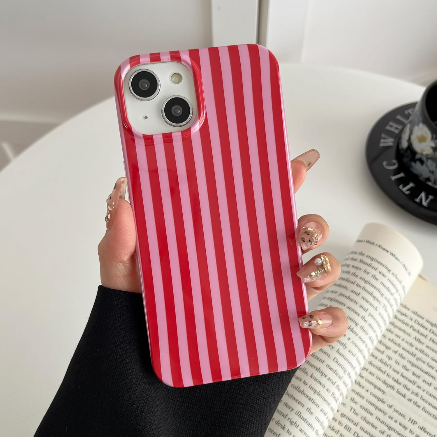 TQLGY for Iphone 13 Case Cute Striped Phone Case Soft TPU Slim Shockproof Protective Cover for Women Girls, Red and Pink image number 2