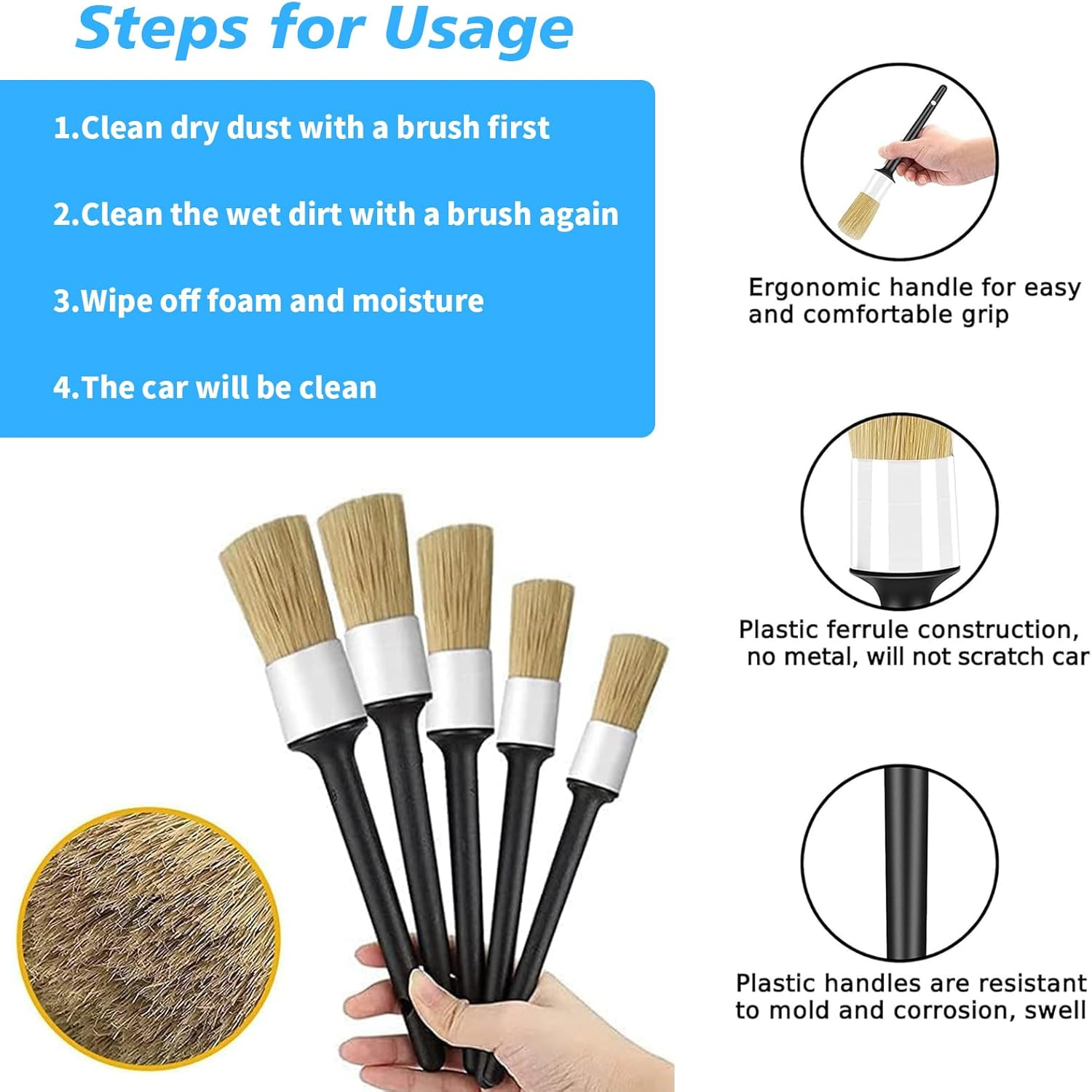 5 PCS Car Detailing Brush Set &ndash; Boar Hair Detailing Brushes for Wheels, Dashboard, Engine Bay, Air Vents, Grilles & Trim &ndash; Soft & Durable Auto Cleaning Brushes for Cars, Trucks & Motorcycle (White) image number 5